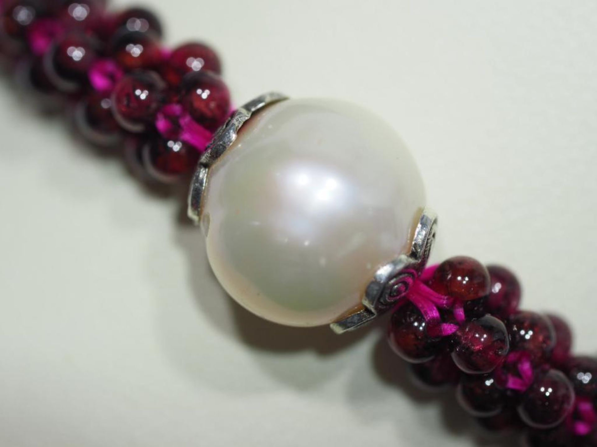 Genuine Garnet (January Birthstone) and Cultured Pearl Flexible Size Bracelet Appraised $465 - Image 2 of 4