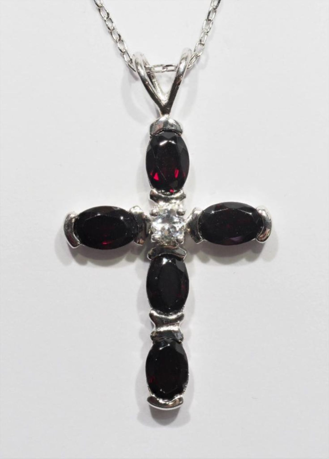 Sterling Silver Genuine Garnet (January Birthstone) Cross Pendant with Chain. Retail $300