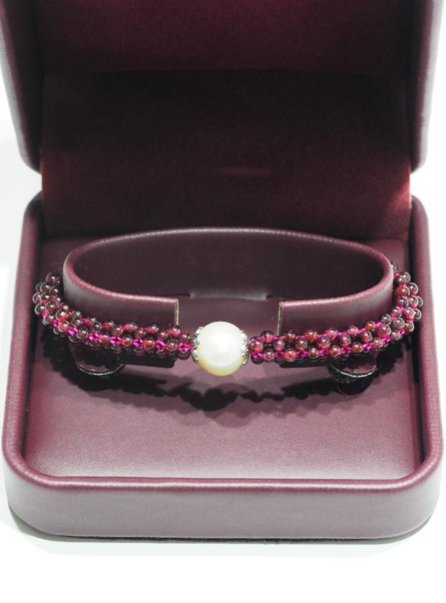 Genuine Garnet (January Birthstone) and Cultured Pearl Flexible Size Bracelet Appraised $465 - Image 4 of 4