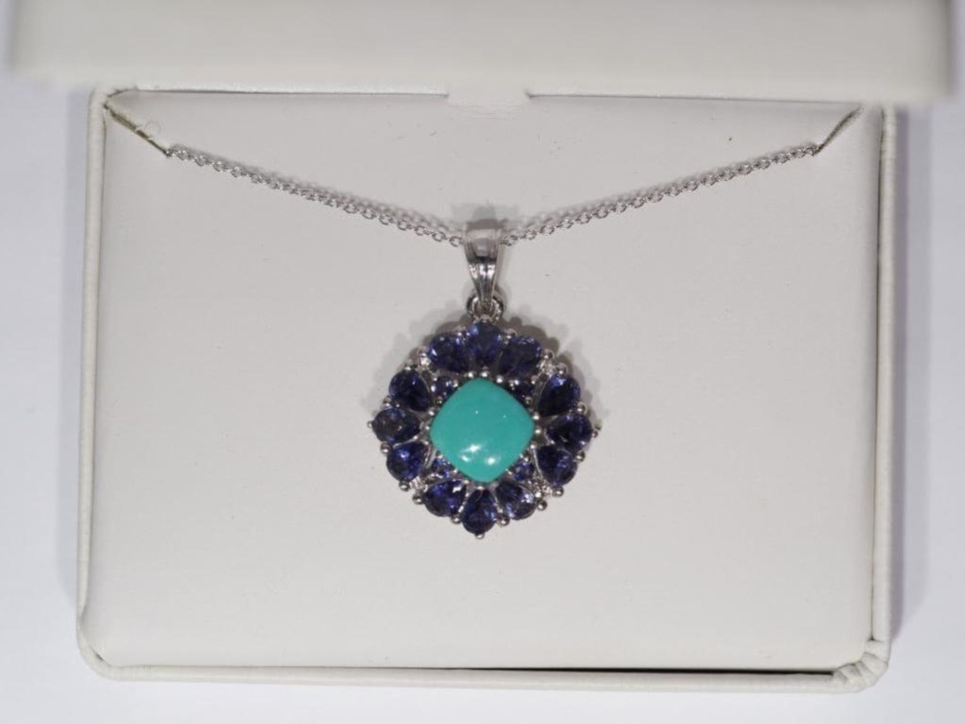 Sterling Silver Stabilized Turquoise & Iolite Pendant Necklace. Retail $300