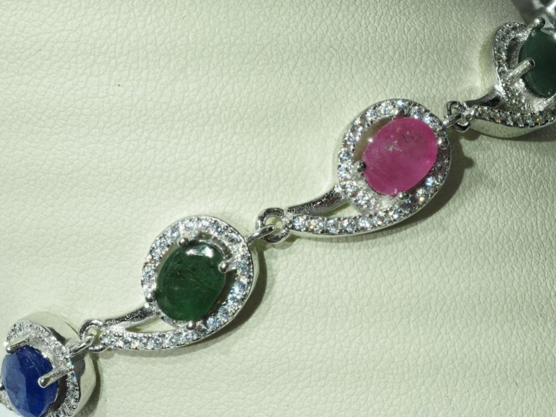 Sterling Silver Genuine Ruby Sapphire Emerald CZ Bracelet. Retail $400 - Image 3 of 3