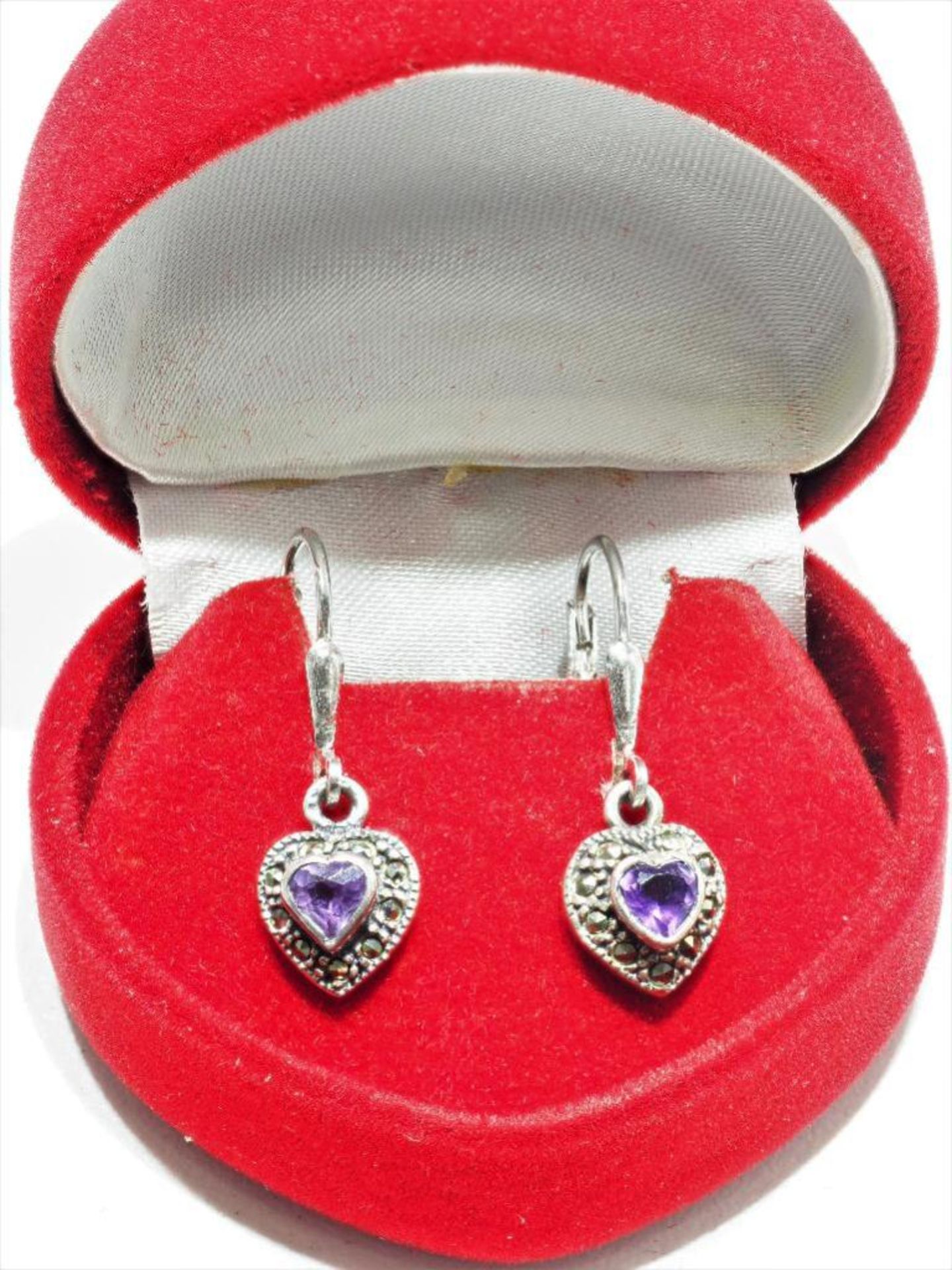 Sterling Silver Amethyst Marcasite Heart Shaped Lever Back Earring. Retail $120 - Image 2 of 2