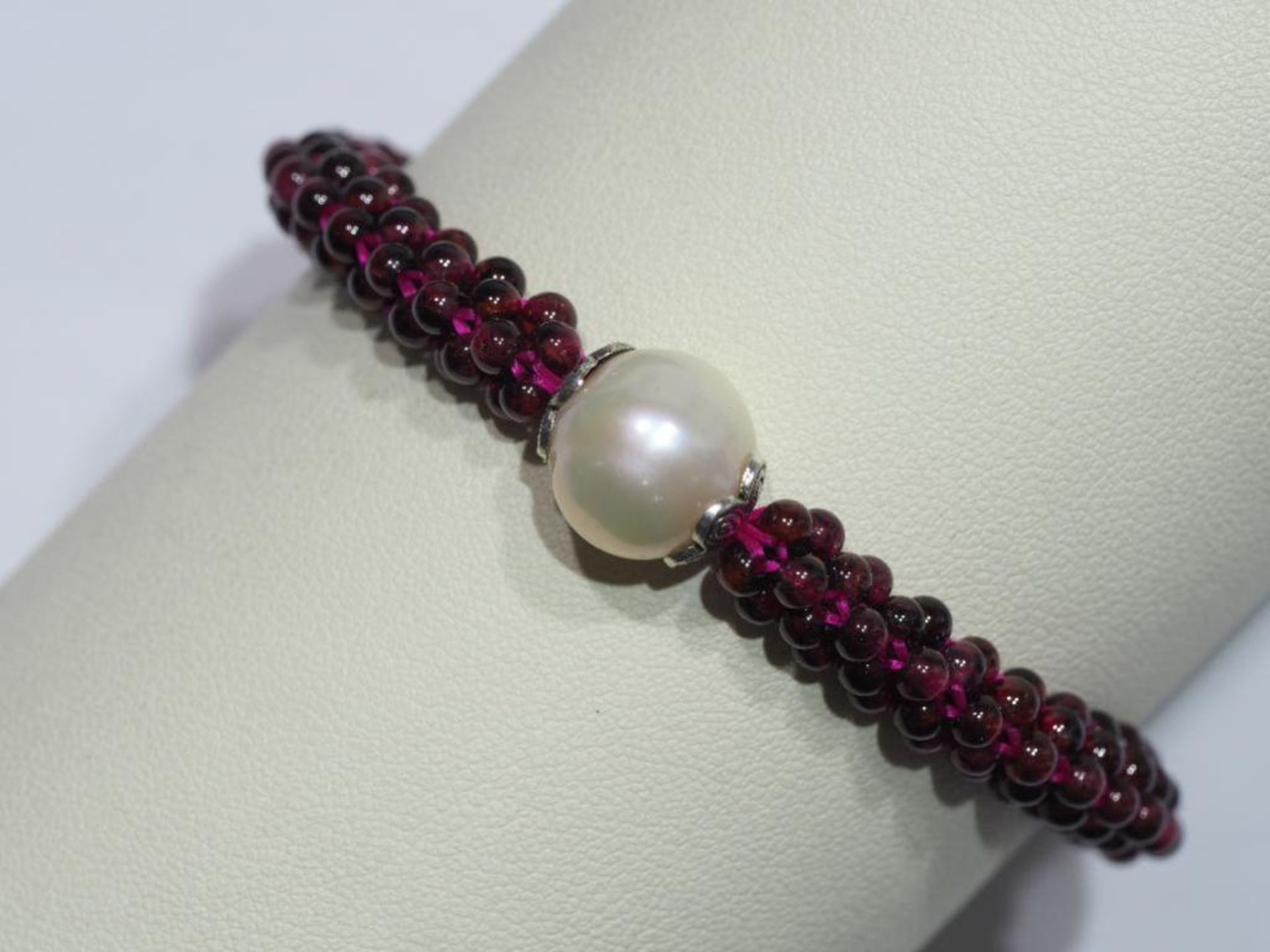 Genuine Garnet (January Birthstone) and Cultured Pearl Flexible Size Bracelet Appraised $465 - Image 3 of 4