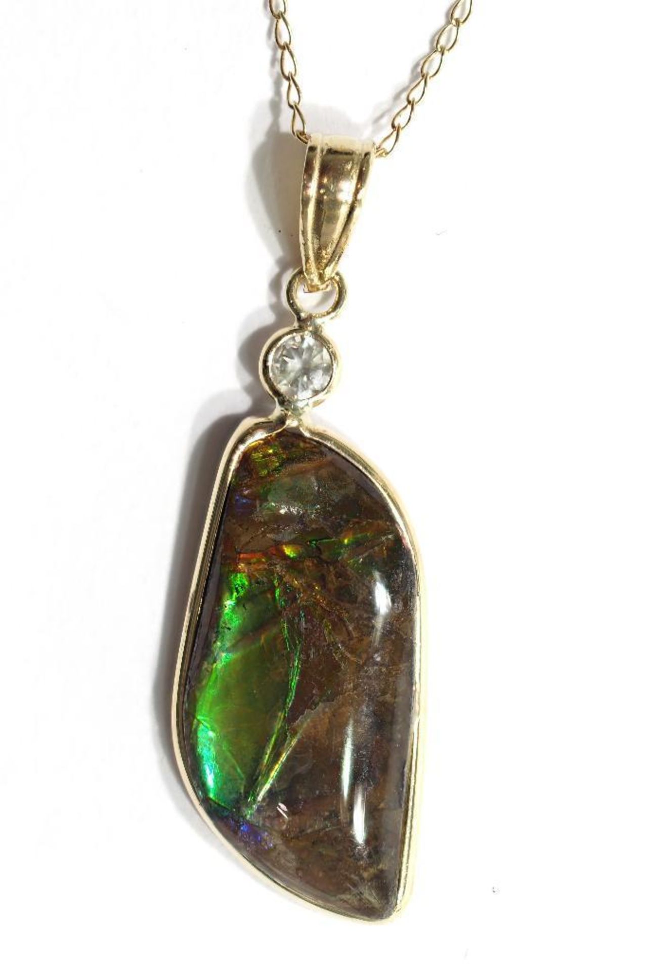 10K Yellow Gold Ammolite Diamond Necklace. Insurance $1800