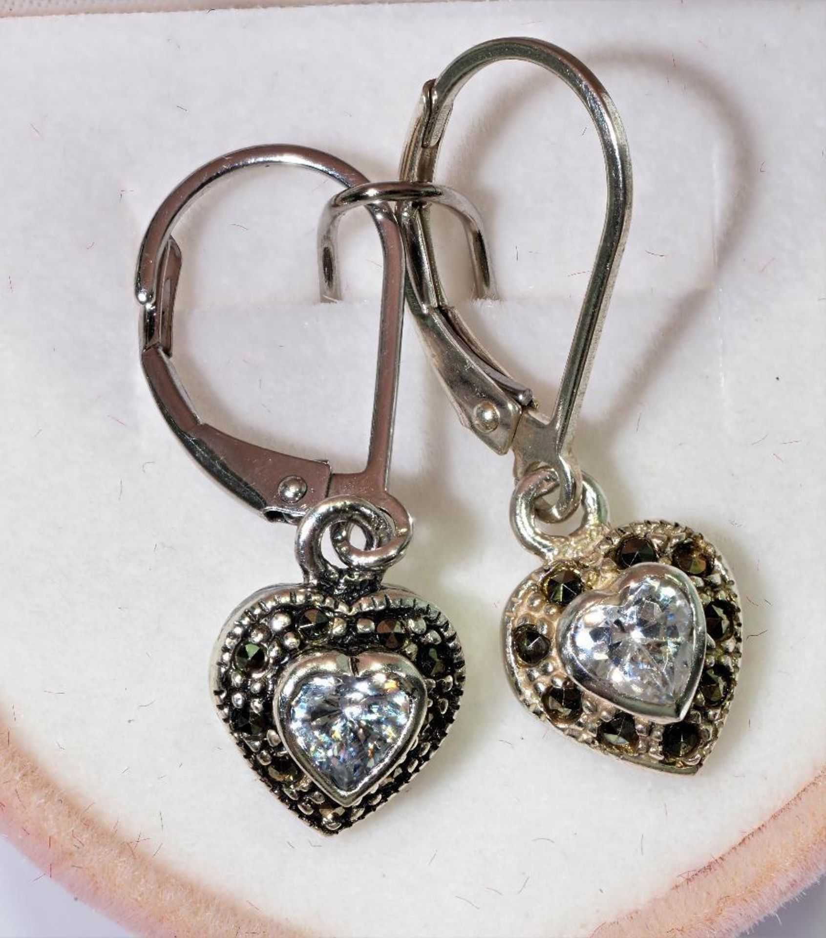 Sterling Silver Heart Shaped Earrings With Cubic Zirconia Marcasite, Retail $120