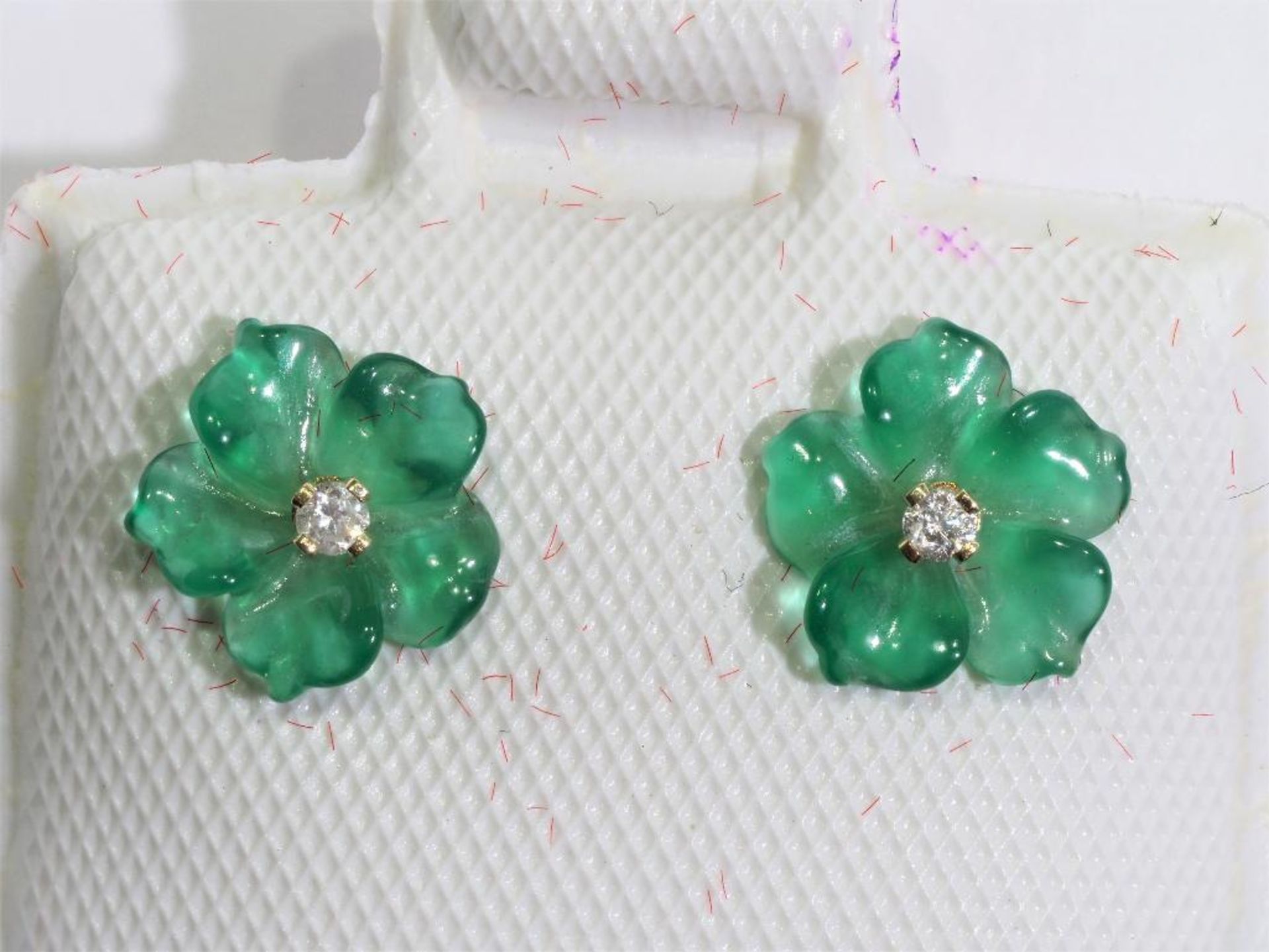 14Kt. Gold 2 in 1 Diamond Earrings With Carved Green Agate, Retail $120 (MS05 - 28)