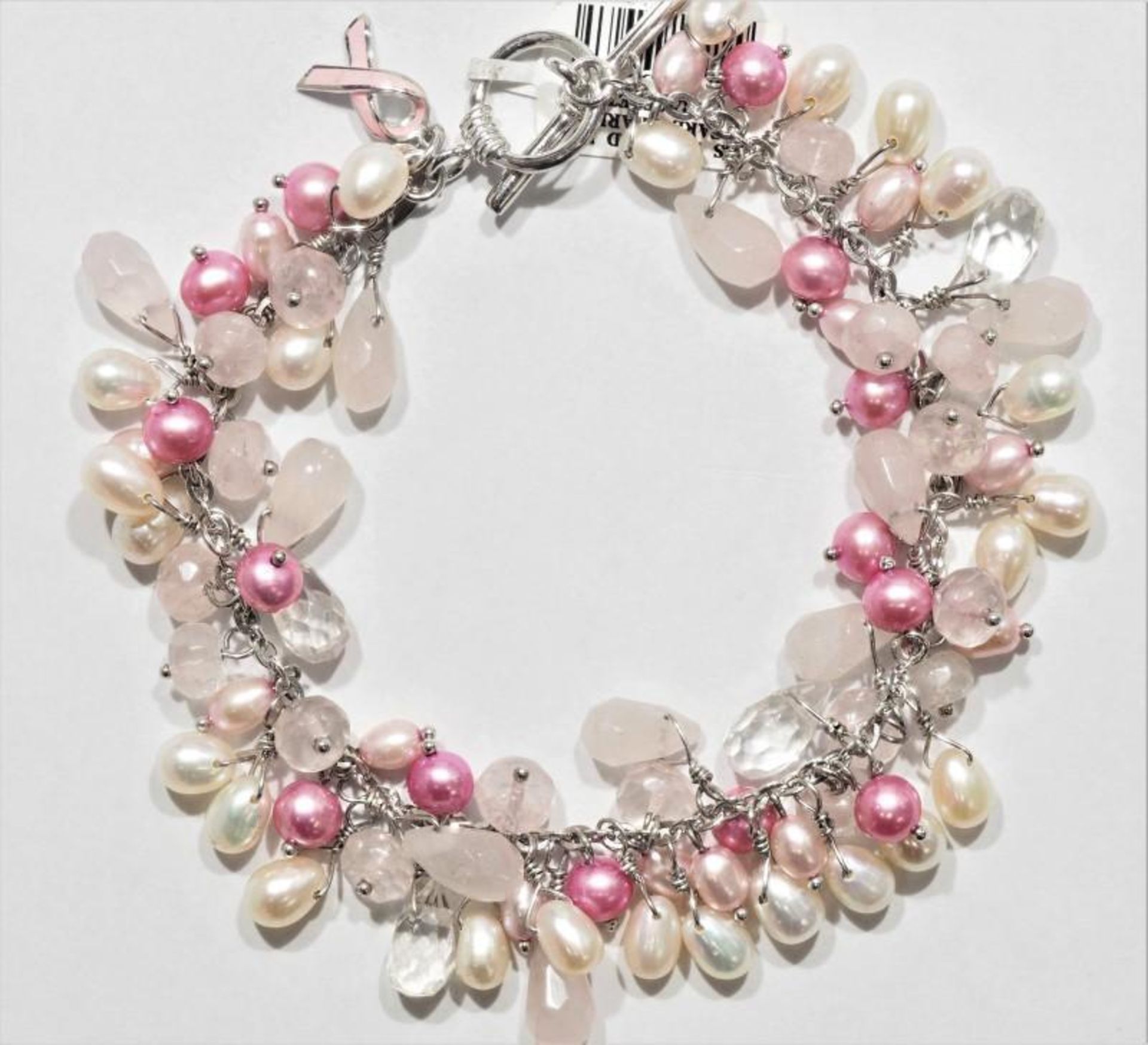 Sterling Silver Pink and White Freshwater Pearl and Rose Quartz Bracelet. Retail $99 (72-GC29) - Image 2 of 3