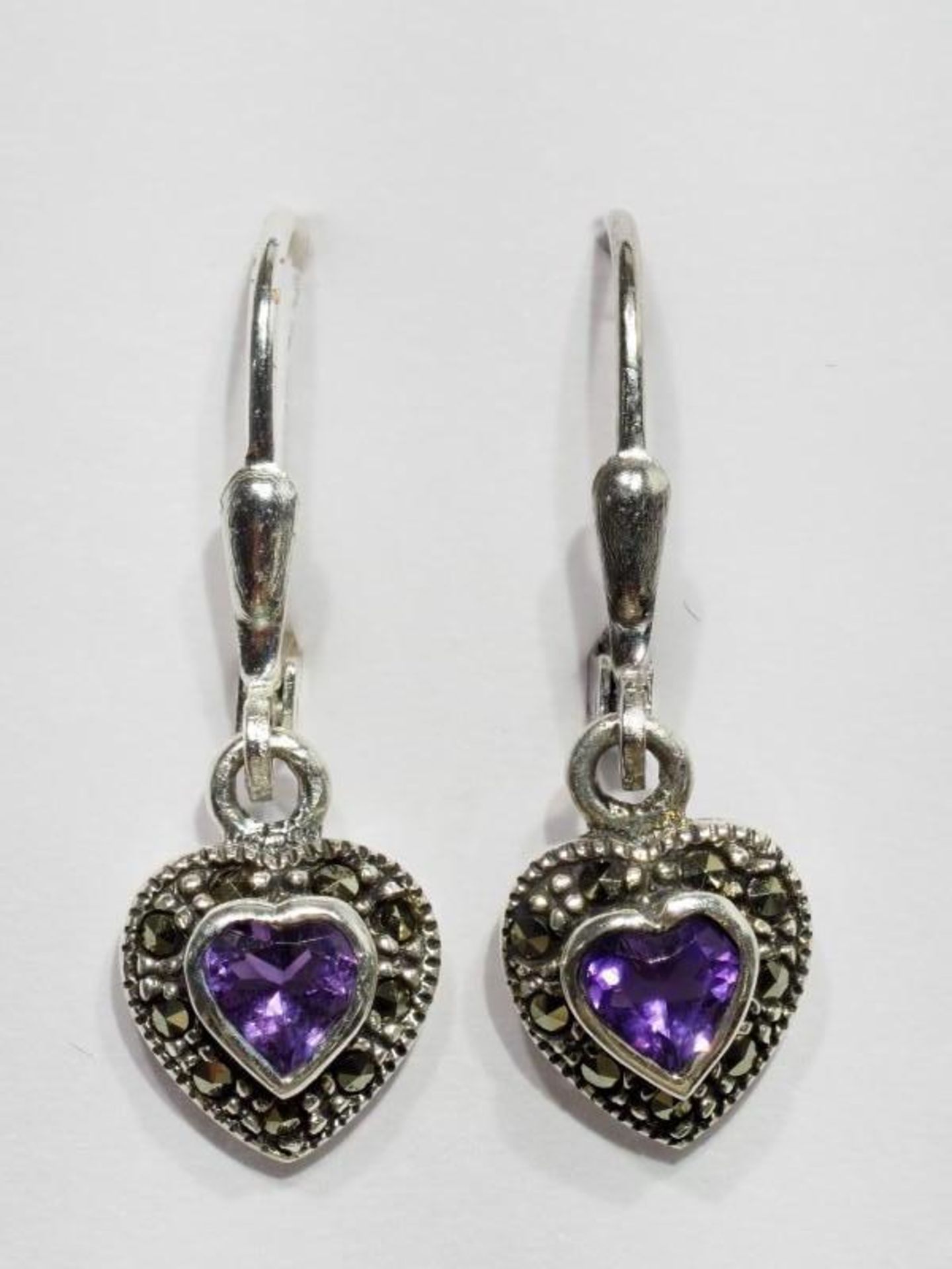 Sterling Silver Amethyst and Marcasite Heart Lever Back Earrings. Retail $200 (70-GC29)