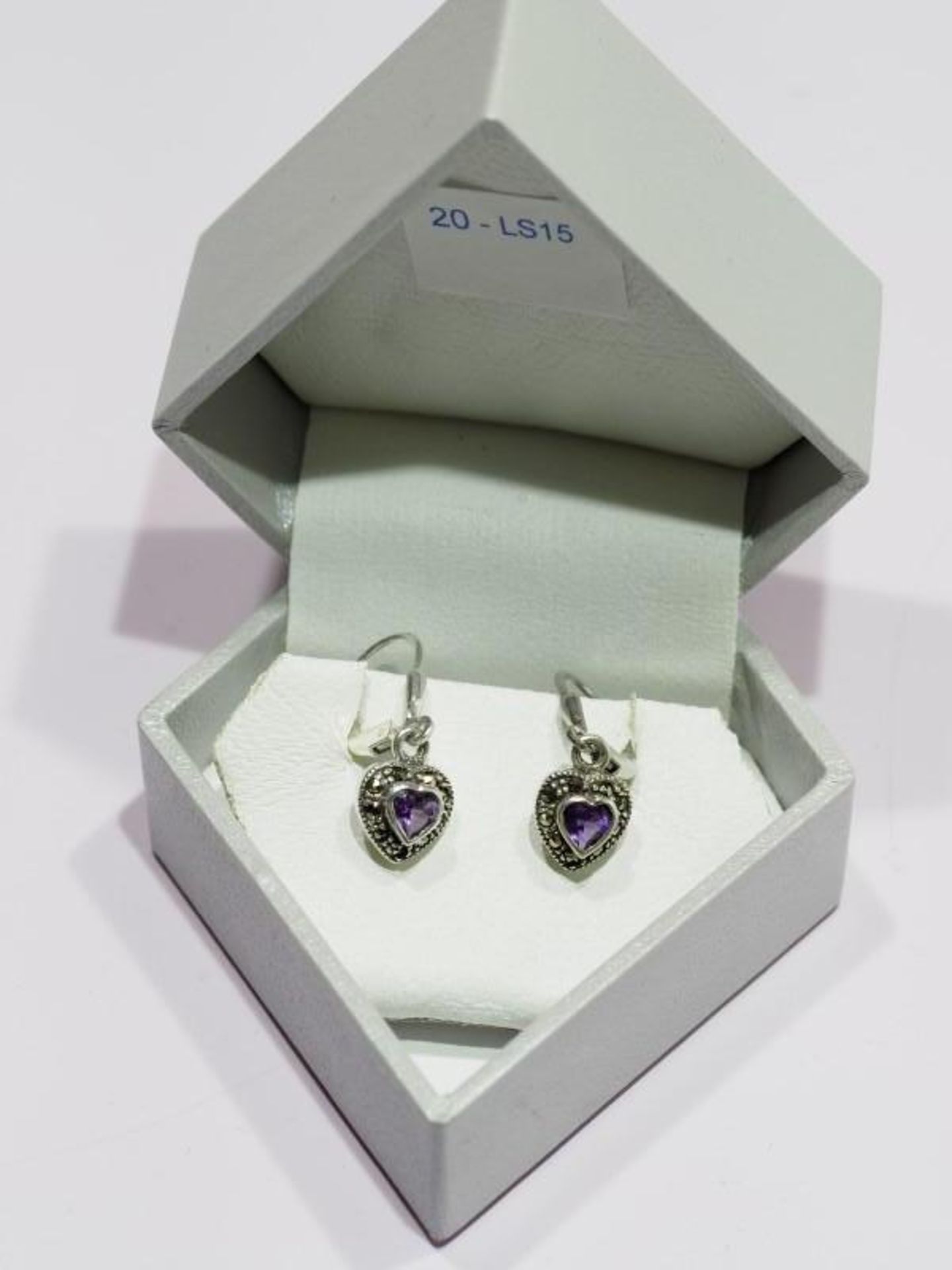 Sterling Silver Amethyst and Marcasite Heart Lever Back Earrings. Retail $200 (70-GC29) - Image 2 of 2