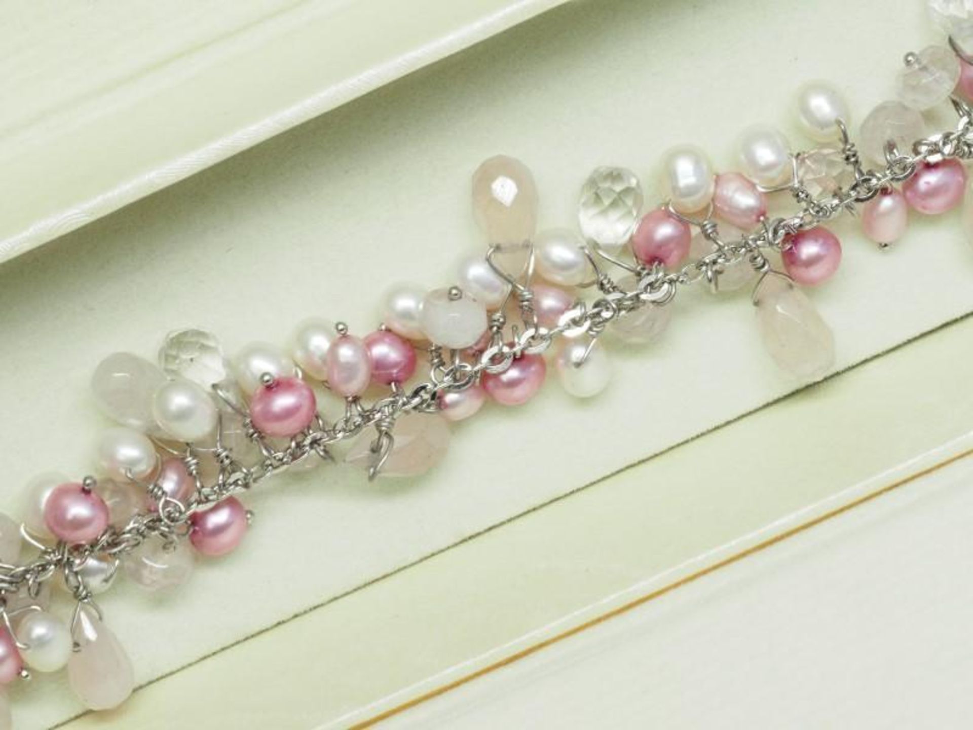 Sterling Silver Pink and White Freshwater Pearl and Rose Quartz Bracelet. Retail $99 (72-GC29) - Image 3 of 3