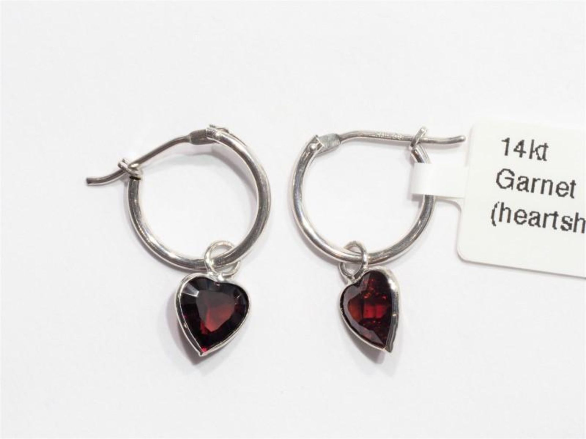 14K White Gold Garnet (January Birthstone) (1.7ct) Heart Shaped Hand Assembled Hoop Earrings. Insura