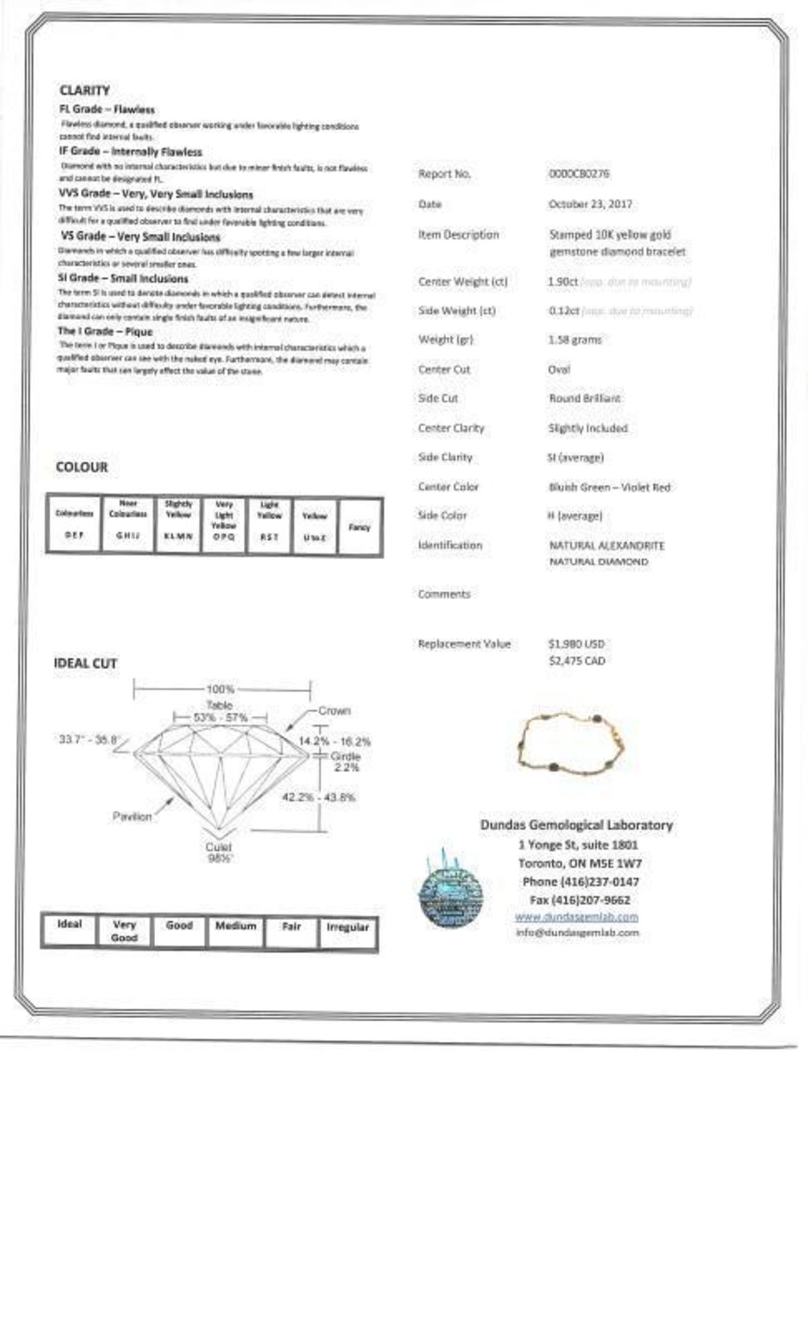 10K Yellow Gold 5 Alexandrite (1.9ct) Diamond (0.12ct) Bracelet. Insurance Value $2475 - Image 4 of 4