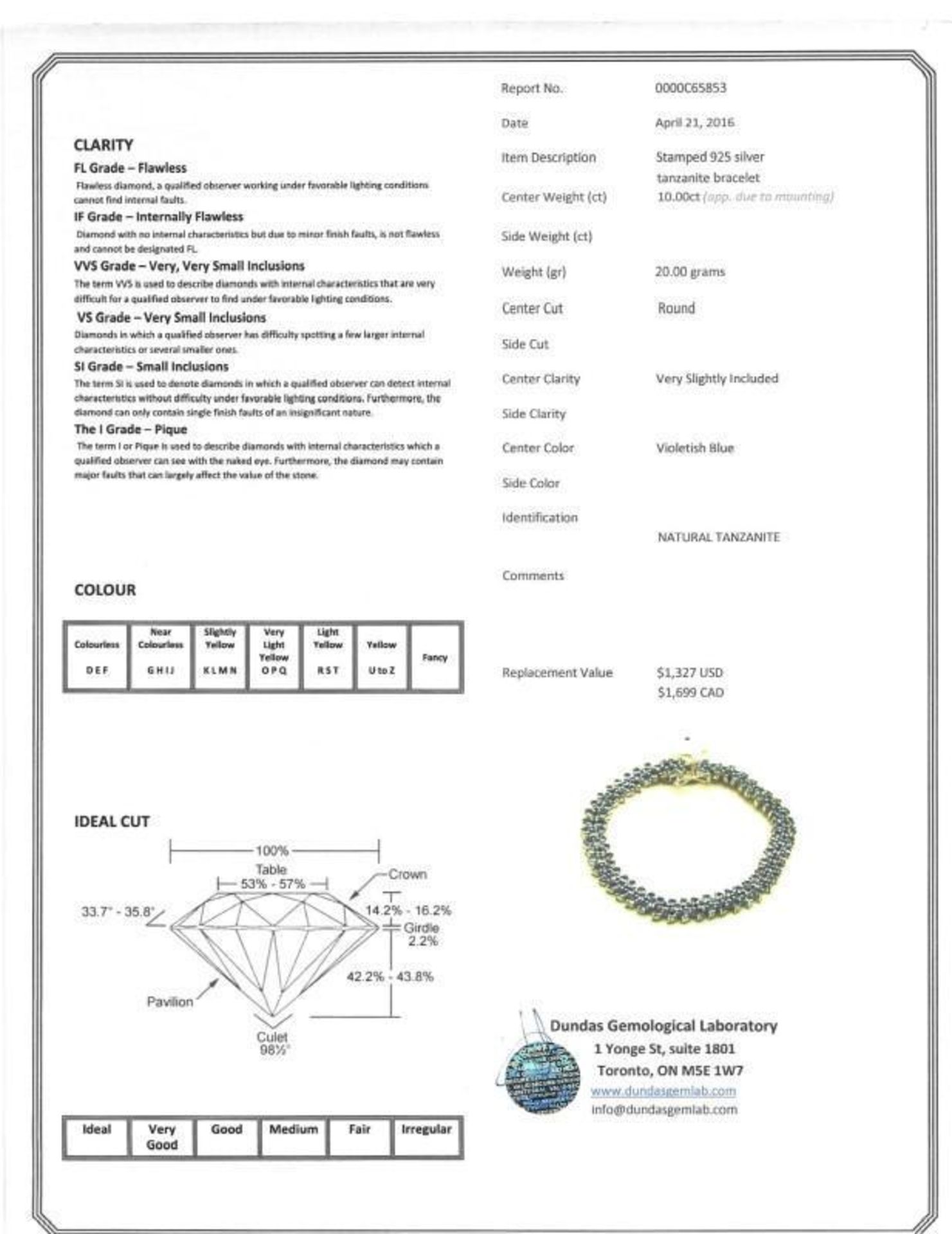 Sterling Silver Tanzanite (December Birthstone, 10.0ct) Bracelet. Insurance Value $1699 - Image 3 of 3