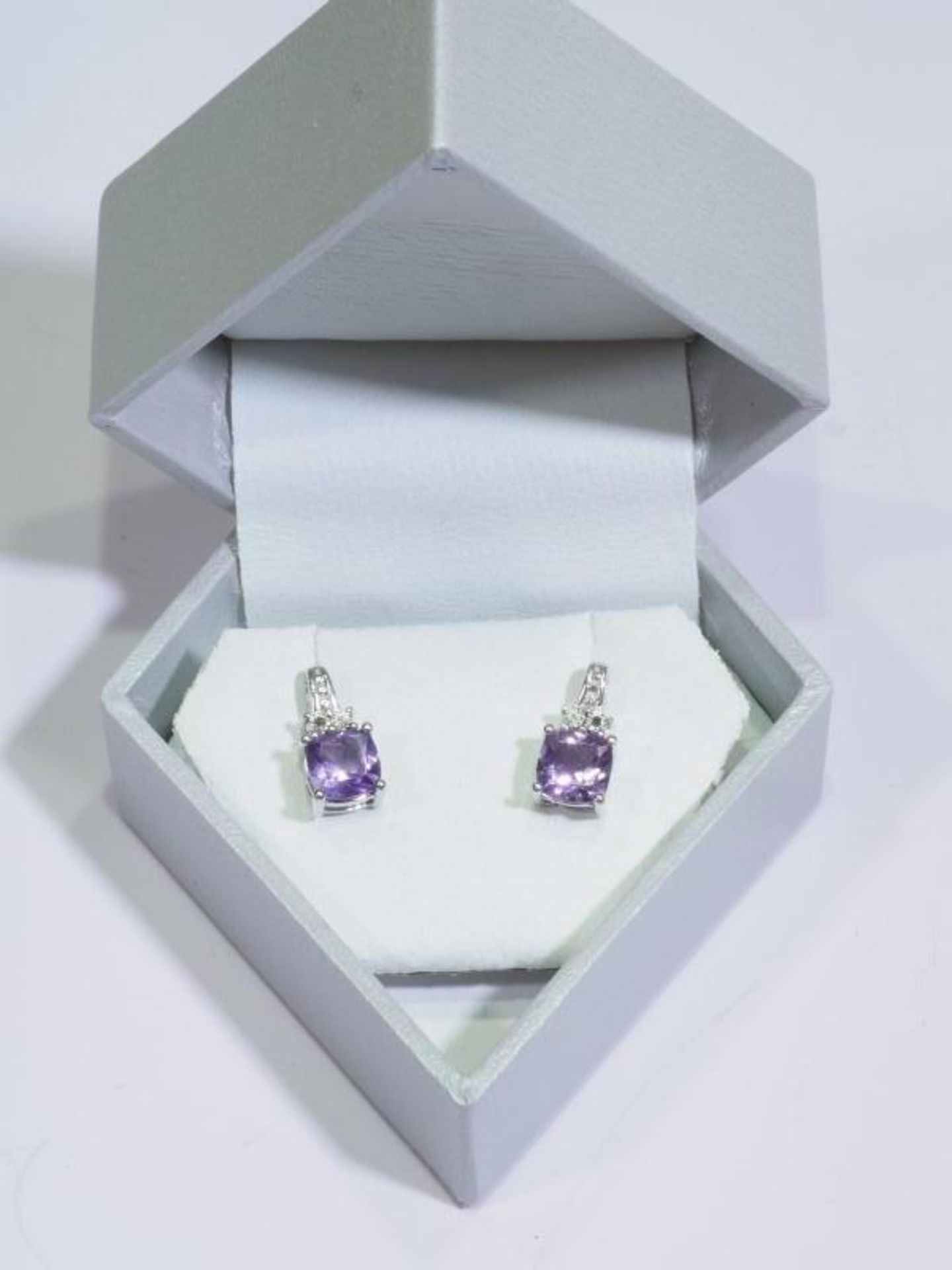 Sterling Silver Amethyst (February Birthstone) and Diamond Earrings. Retail $240 - Image 2 of 2