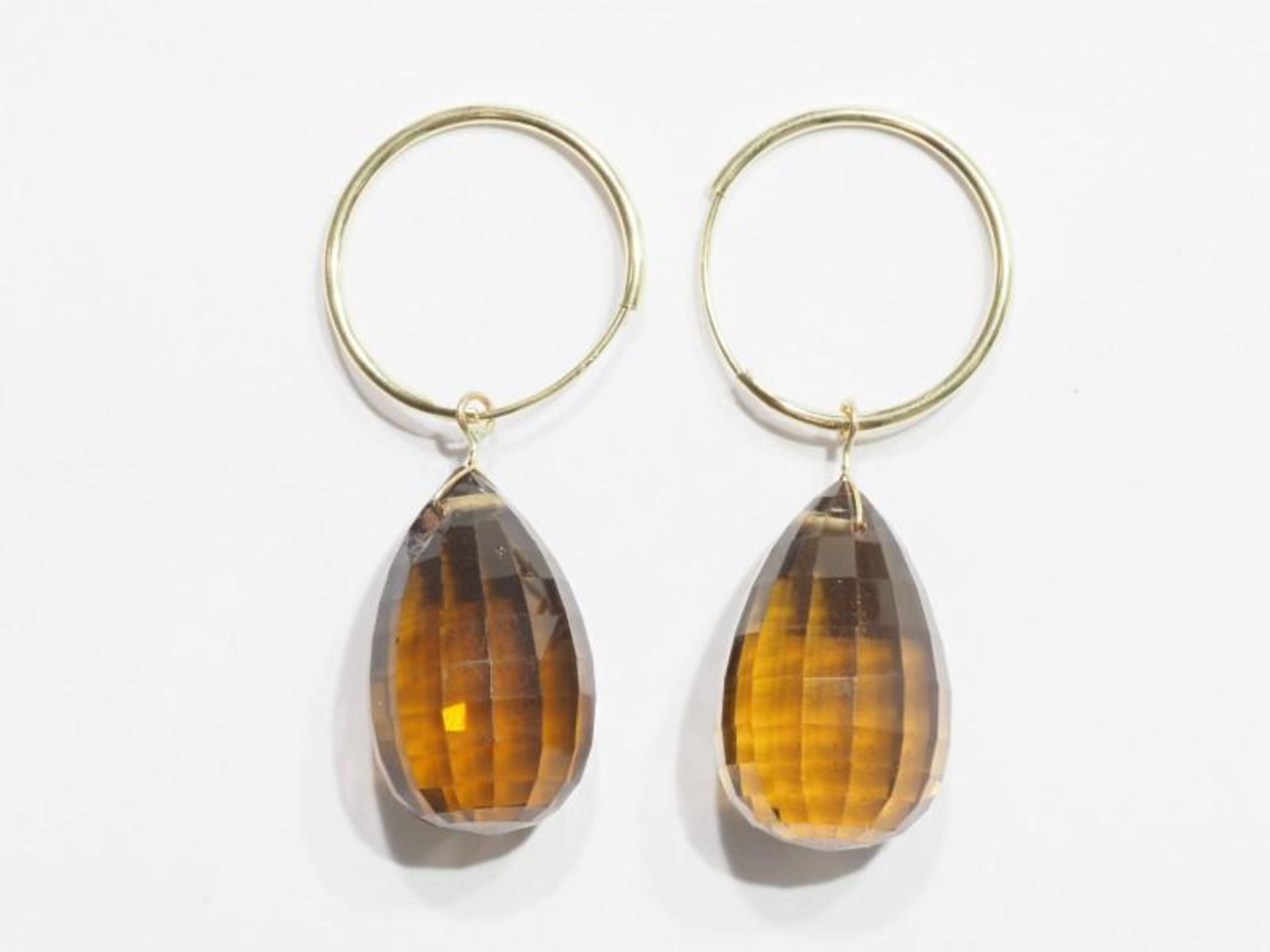 14K Yellow Gold Smokey Quartz Briolette Hoop Earrings. Retail $600