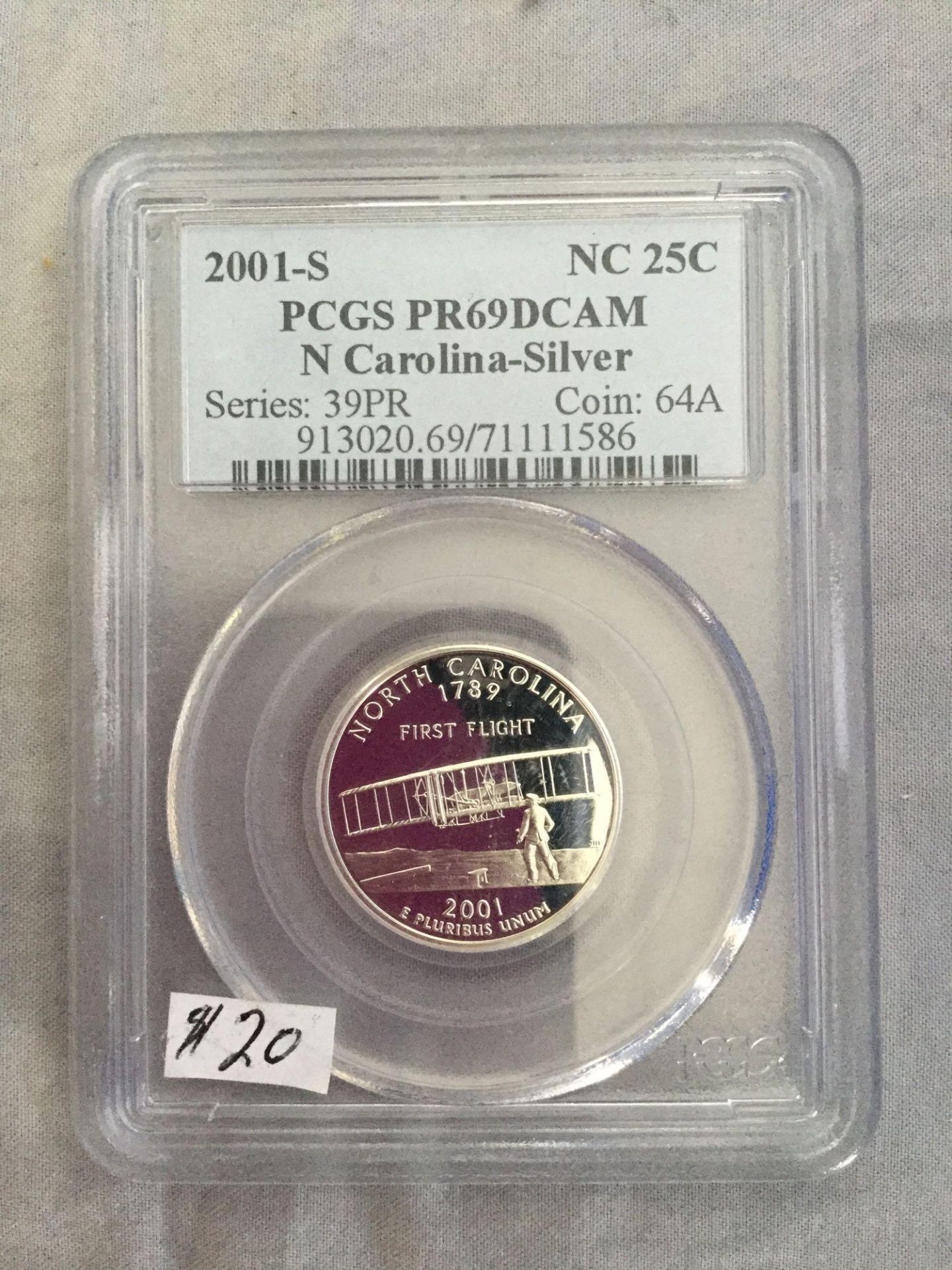 2001-S US 25 Cent Coin - PCGS PR69DCAM- N Carolina -Silver