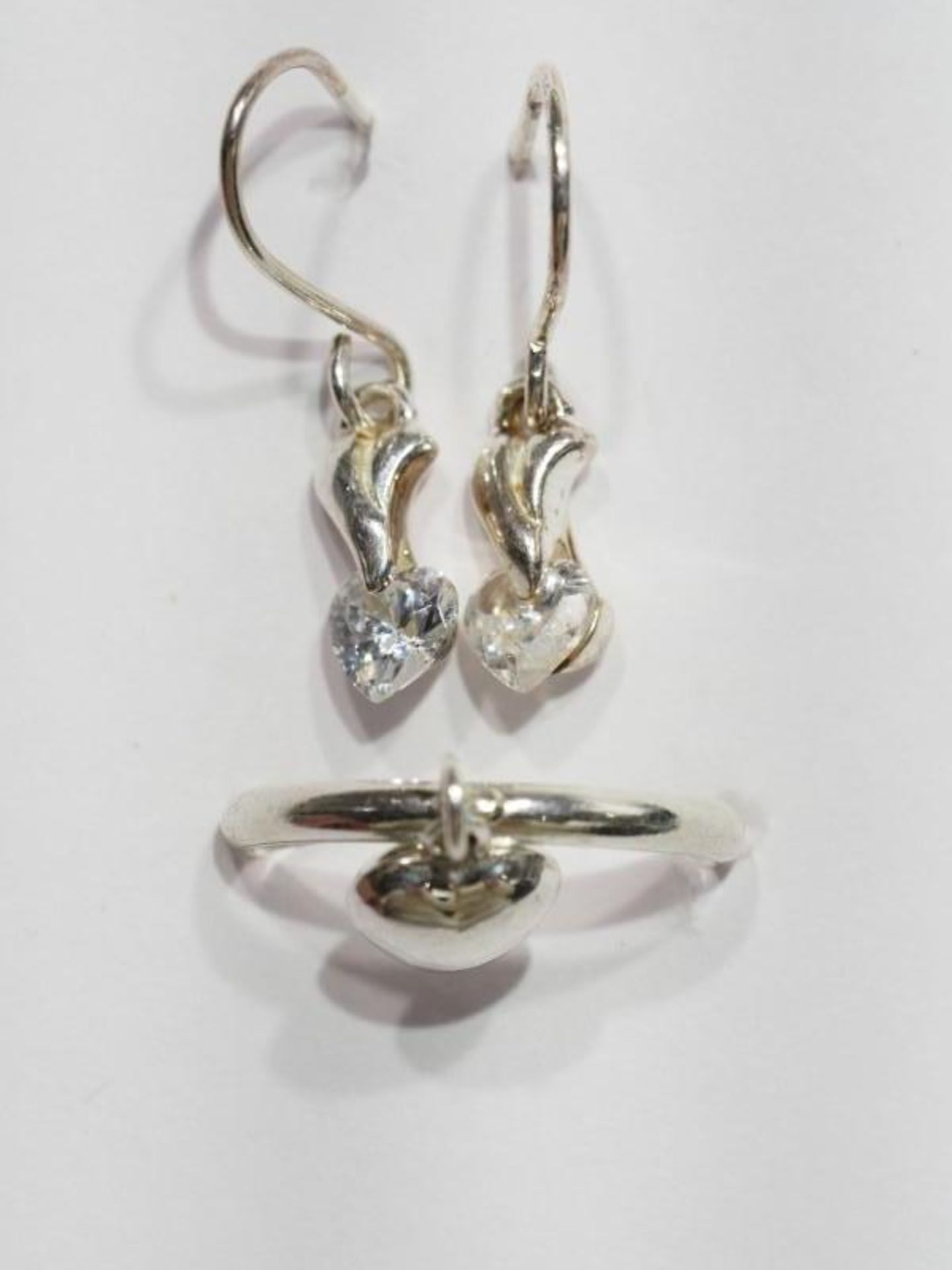 Sterling Silver Cubic Zirconia Earrings, Heart shaped Earrings and Ring. Retail $200 (93-GC29)