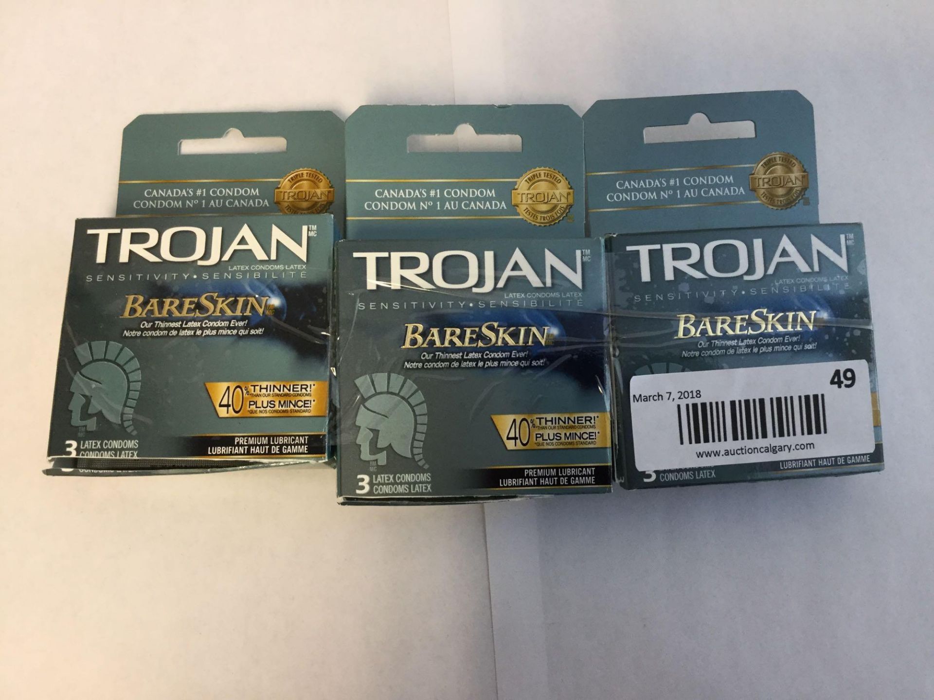Lot of 3 x 3 Trojan Bareskin Latex Condoms