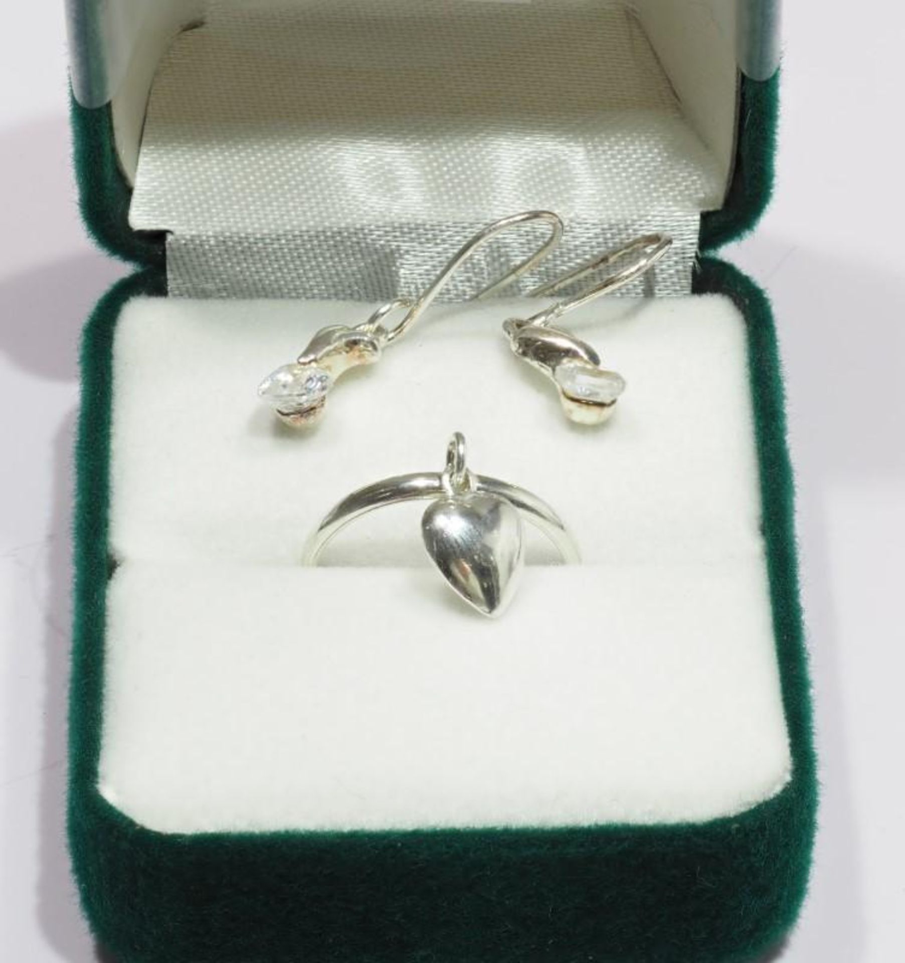 Sterling Silver Cubic Zirconia Earrings, Heart shaped Earrings and Ring. Retail $200 (93-GC29) - Image 2 of 2