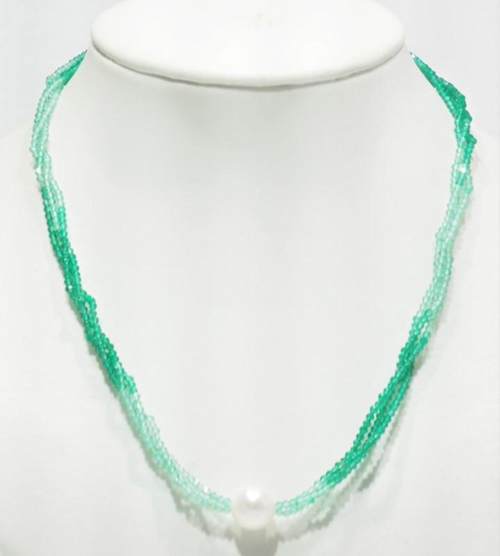 Sterling Silver Graduated Green Agate Freshwater Pearl Triple Strand Necklace. Value $400 (2-NT70) - Image 2 of 2