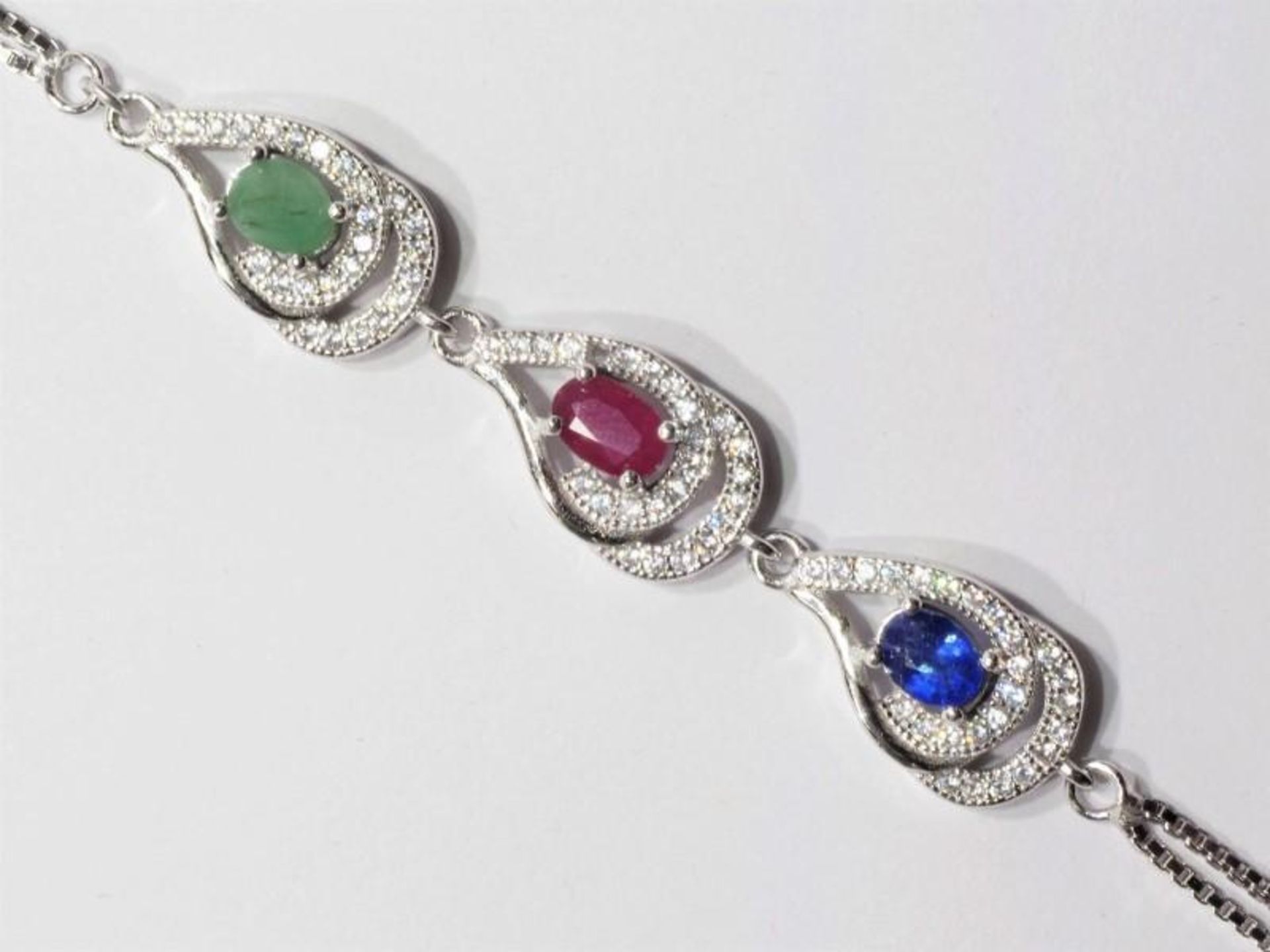 Sterling Silver Ruby, Sapphire, and Emerald Bracelet. Retail $400 (82-GC29) - Image 2 of 3