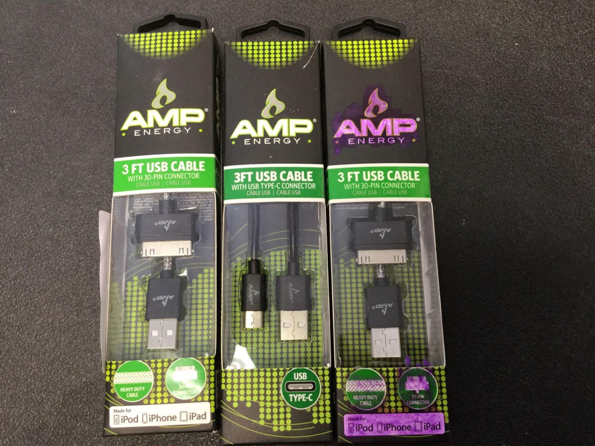 Lot of 3 AMP Energy - 3 ft USB Cable type - Type - C, and iPhones