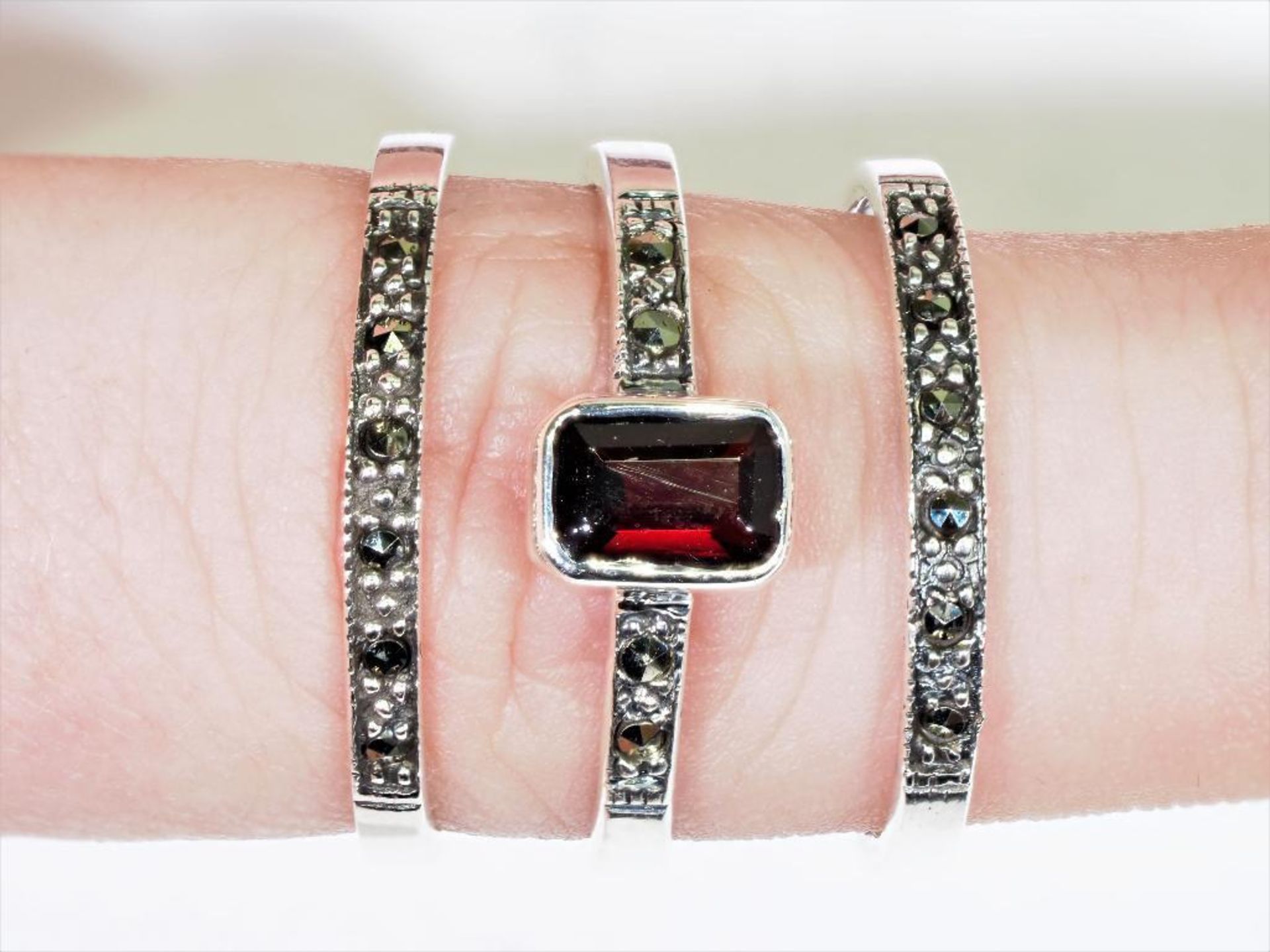 Sterling Silver Set of 3 Bands With Genuine Garnet And Marcasite, Retail $200 (MS05 - 6)