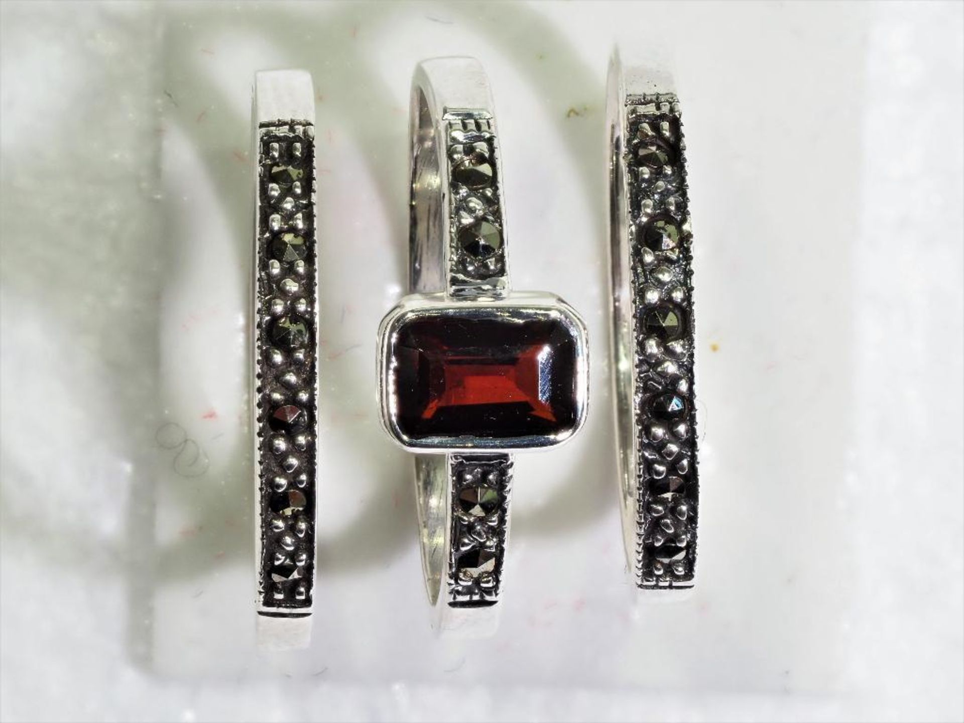 Sterling Silver Set of 3 Bands With Genuine Garnet And Marcasite, Retail $200 (MS05 - 6) - Image 2 of 2