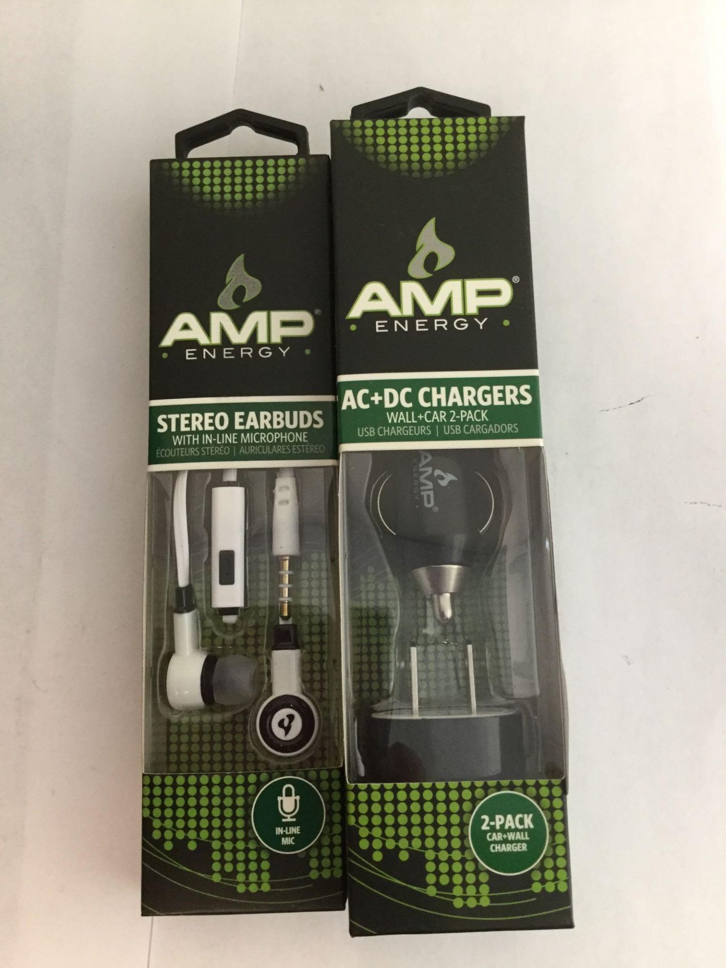 Lot of 2 AMP Energy Products - AC DC Chargers and Stereo Earbuds