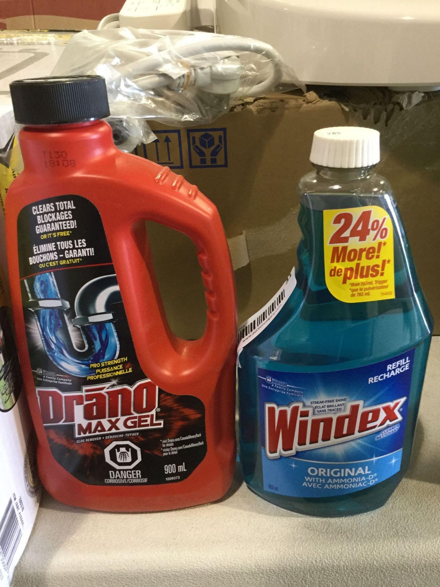 Lot of 2 - 1 x 900 mL Drano max Gel and 1 x 950 mL Windex original refill