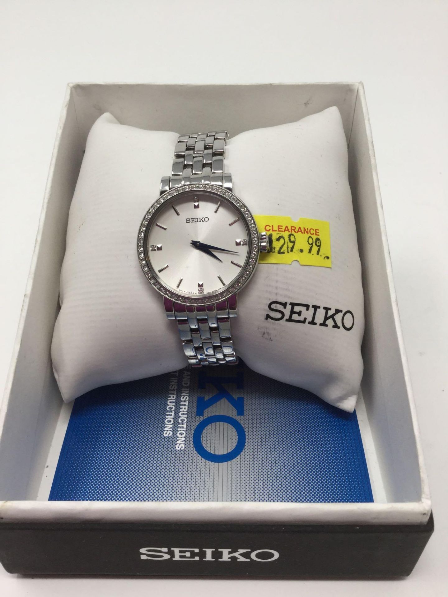 Seiko Watch - Silver Band, Crystals around face, Blue Hands and White Face