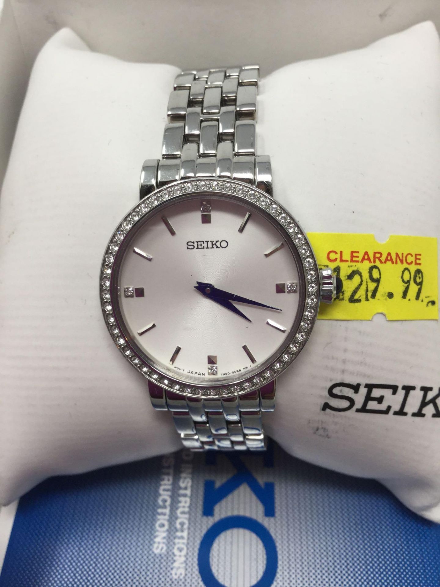 Seiko Watch - Silver Band, Crystals around face, Blue Hands and White Face - Image 2 of 2