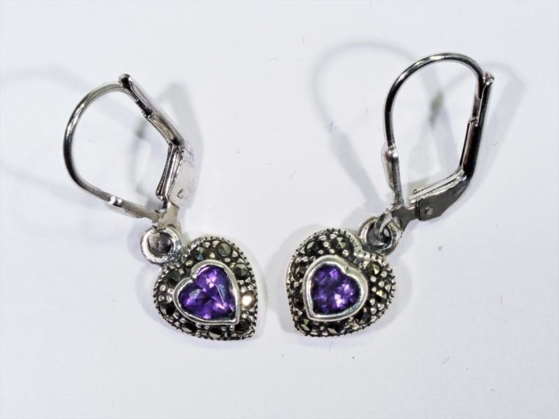 S. Silver Earrings with Heart Shaped Genuine Amethyst with Leaver Backs. Retail $120 (MS07 - 26)