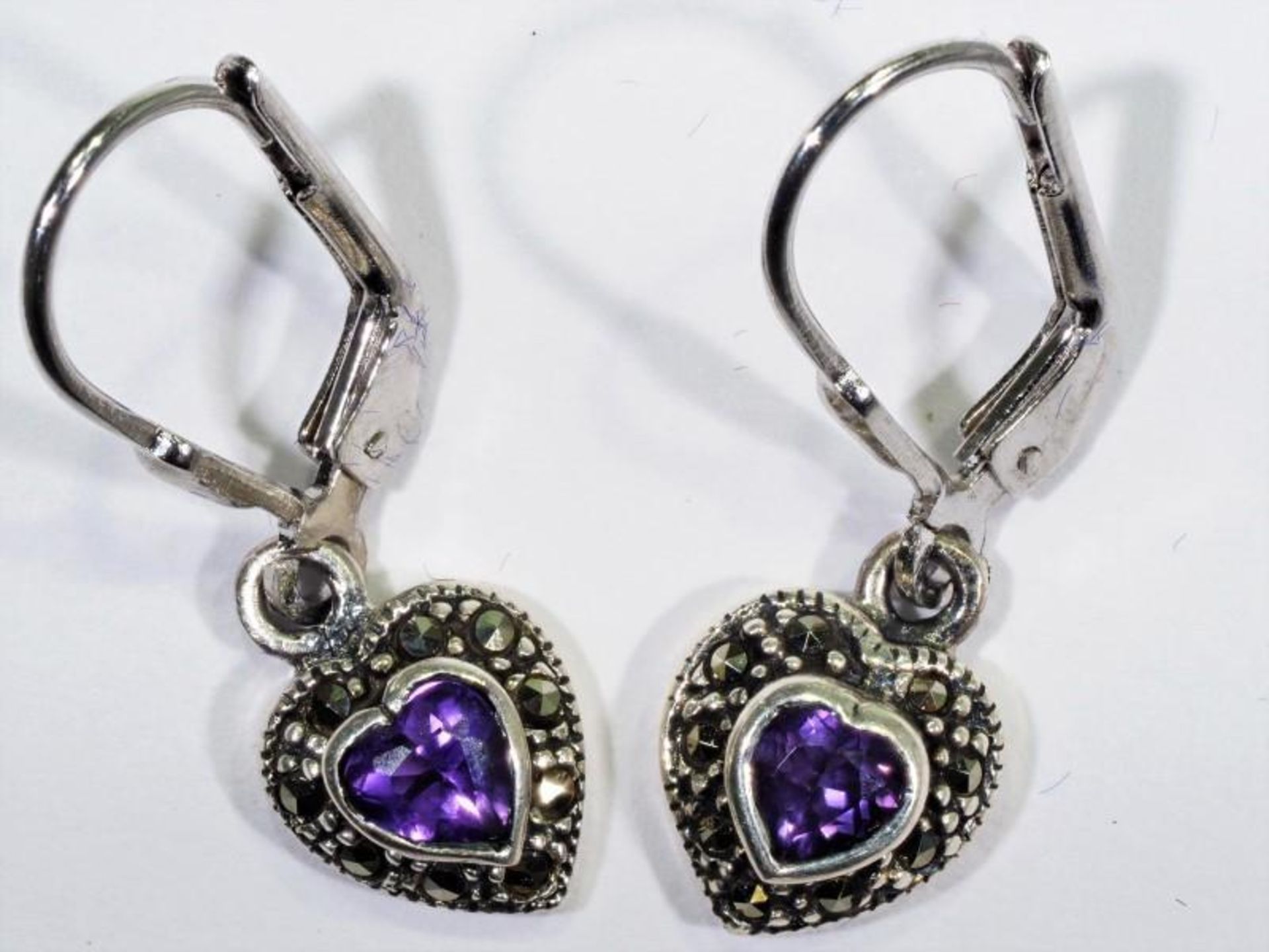 S. Silver Earrings with Heart Shaped Genuine Amethyst with Leaver Backs. Retail $120 (MS07 - 26) - Image 2 of 2