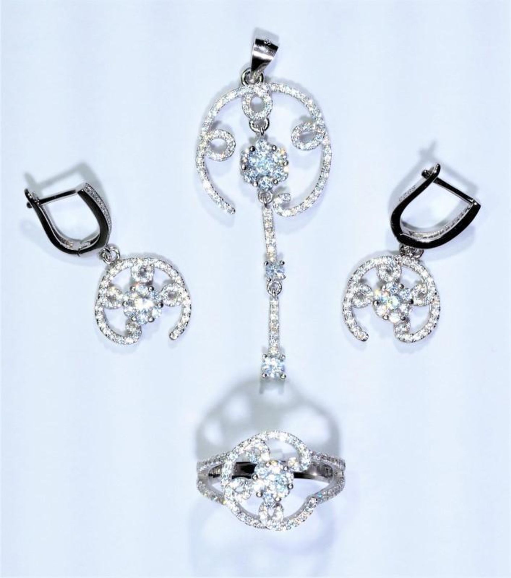 Sterling Silver Cubic Zirconia Ring, Earrings & Pendant Set (App 12Grms), Retail $400 (MS19 - 41)