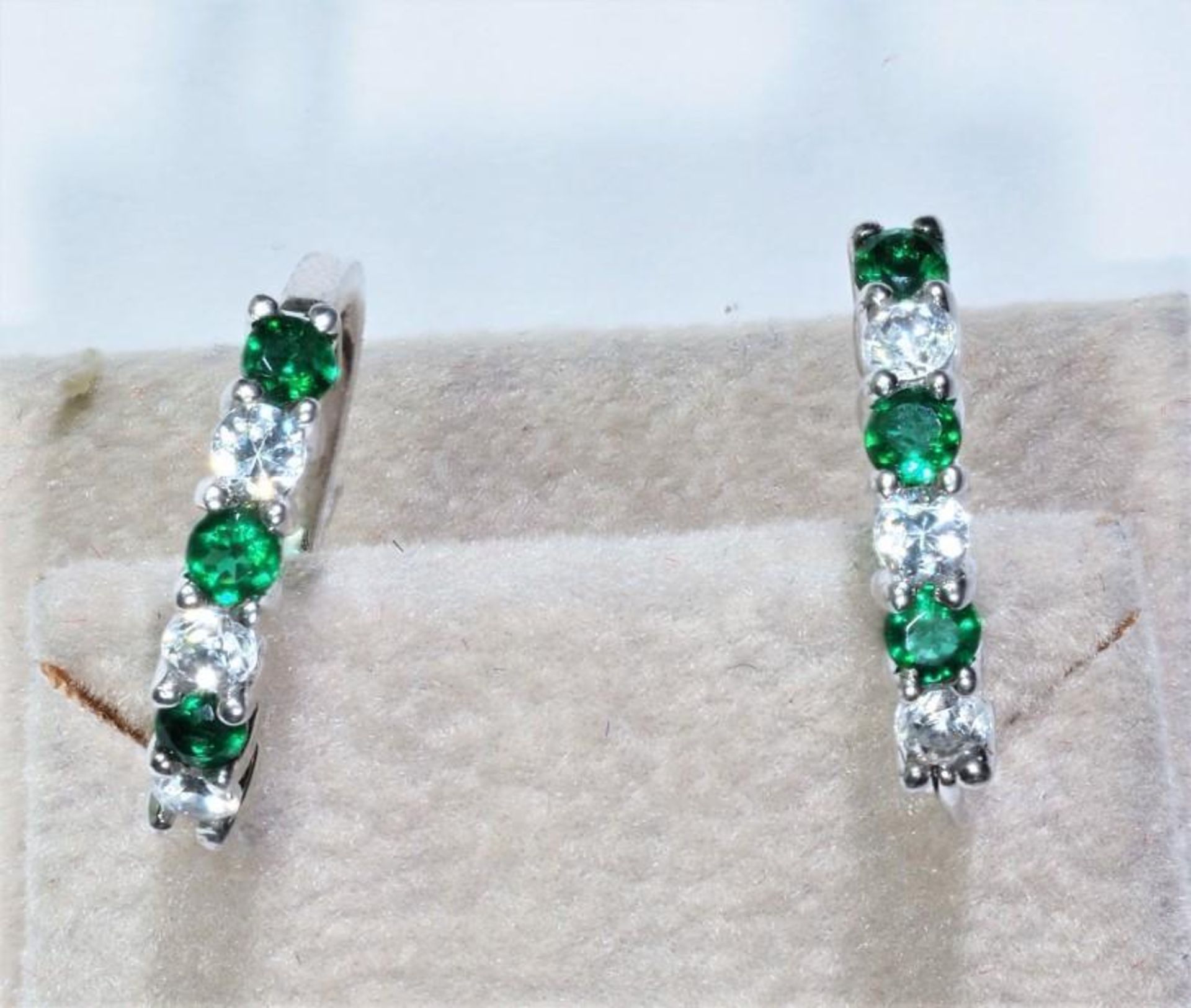 Sterling Silver Created Emerald Hoop Style Earrings, Retail $100 (MS19 - 10)