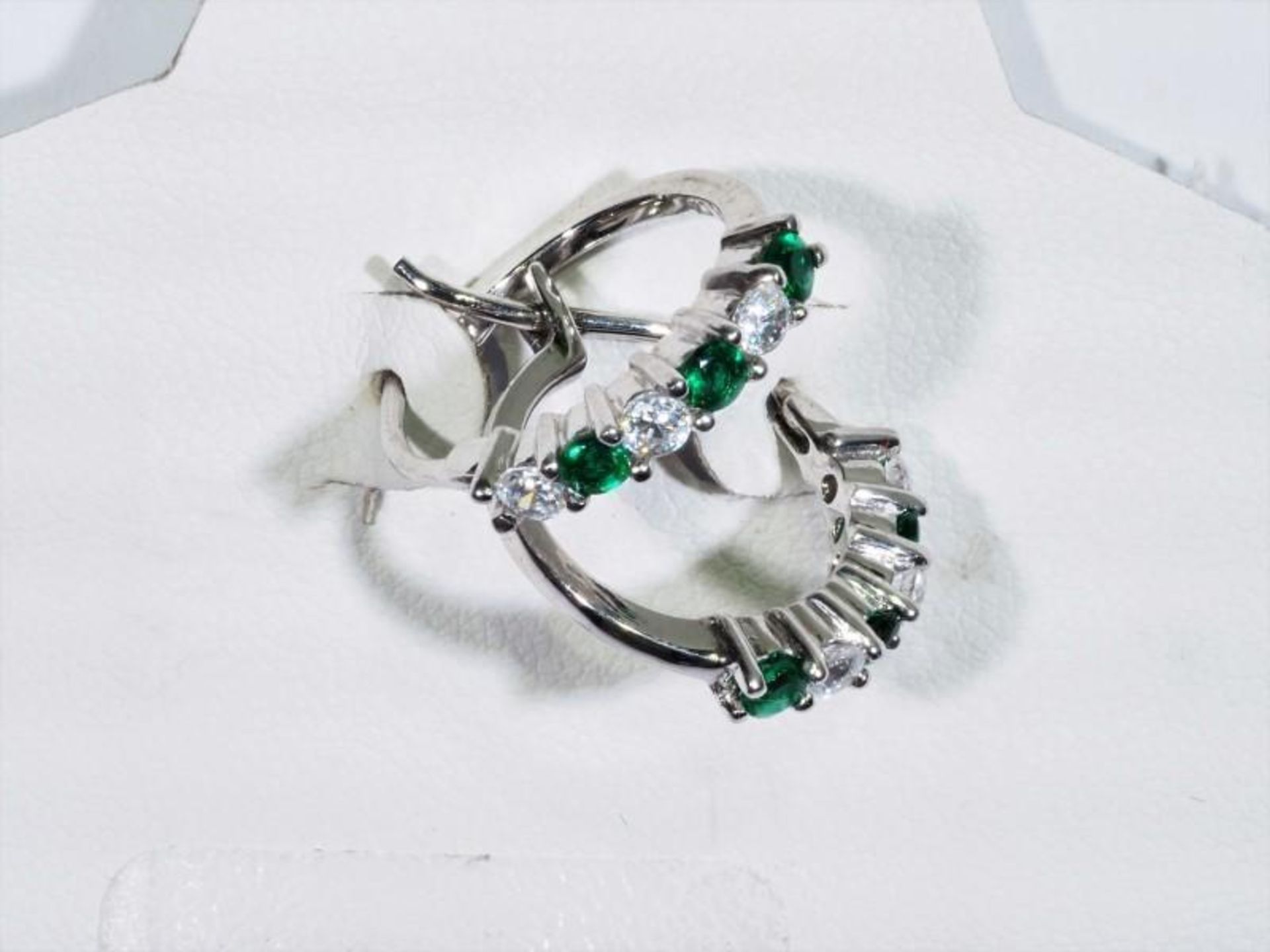 Sterling Silver Created Emerald Hoop Style Earrings, Retail $100 (MS19 - 10) - Image 3 of 3