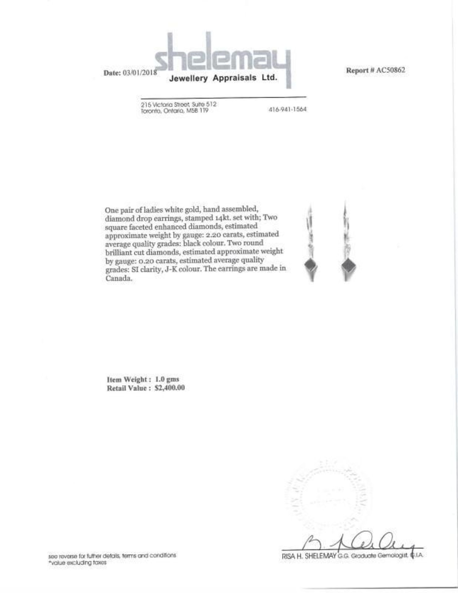 14K White Gold Black Diamond (2.20ct, April Birthstone) Earrings. Insurance Value $2400 (5-NT128) - Image 3 of 3