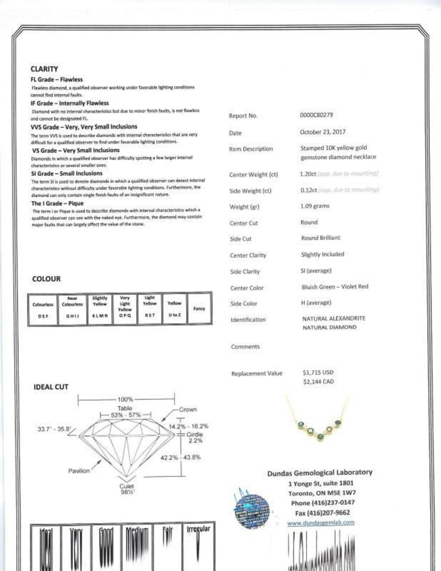 10K Yellow Gold Rare Genuine Alexandrite (1.20ct, June Birthstone) and Diamond (0.12ct) Necklace. In - Image 3 of 3