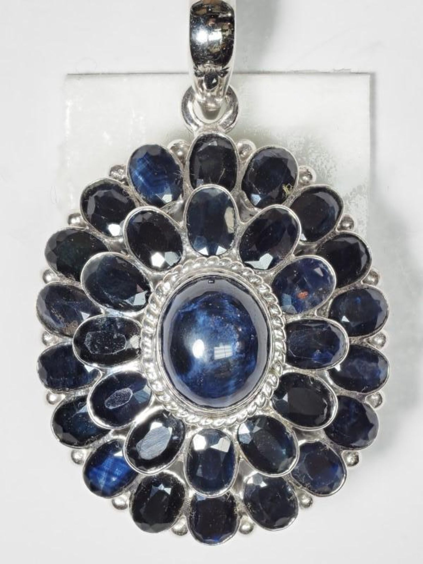 Sterling Silver Large Star Sapphire (5.15ct) with 30 Sapphire (5.60ct) Floral Brooch Pendant. Retail