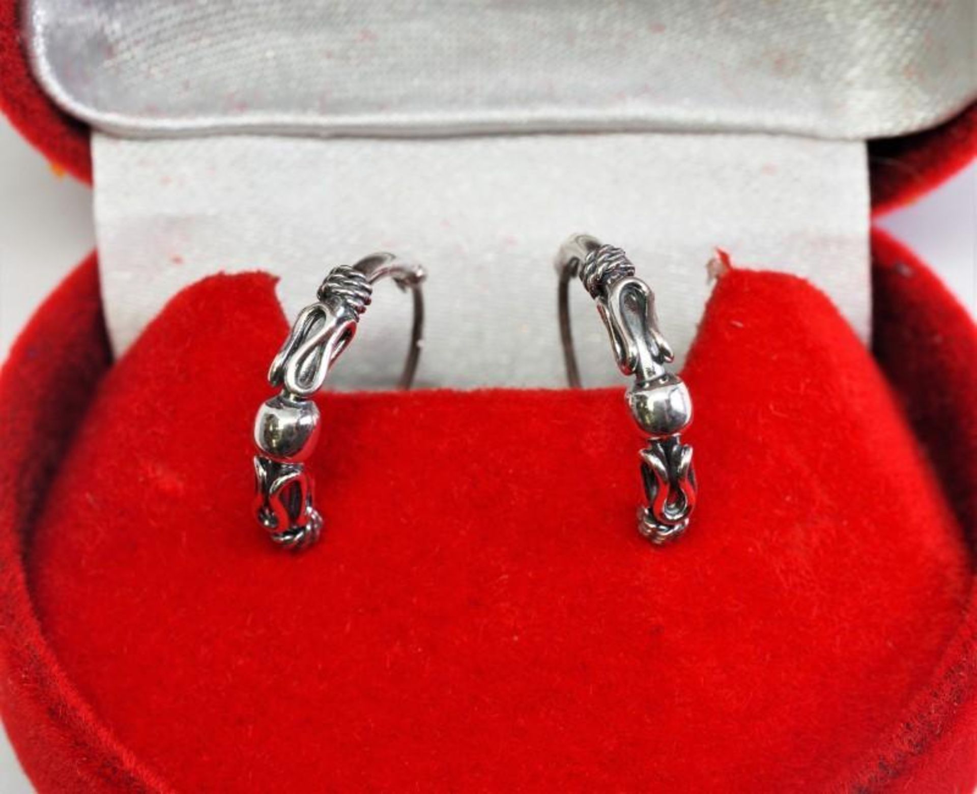 Sterling Silver Hoop Style Earrings With Design, Retail $30 ( E10 )