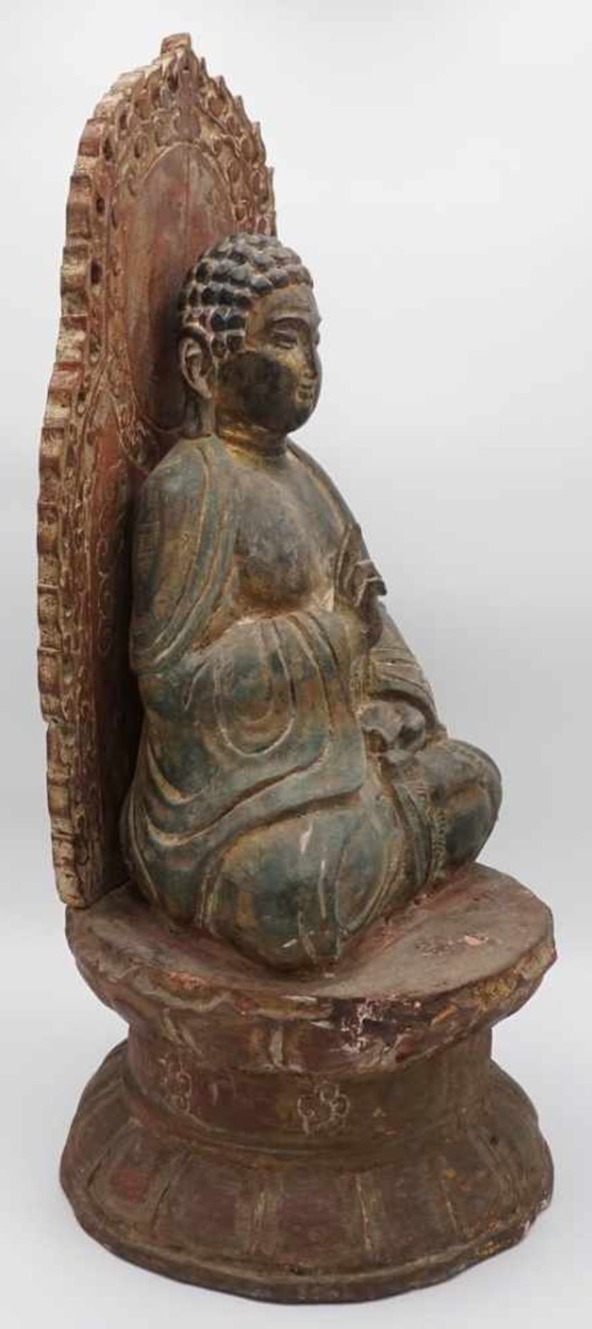 Buddha Vitarka Mudra, Bali, 1. Hälfte 20. Jh.Weichholz farbig gefasst, auf Lotussockel im - Bild 2 aus 3