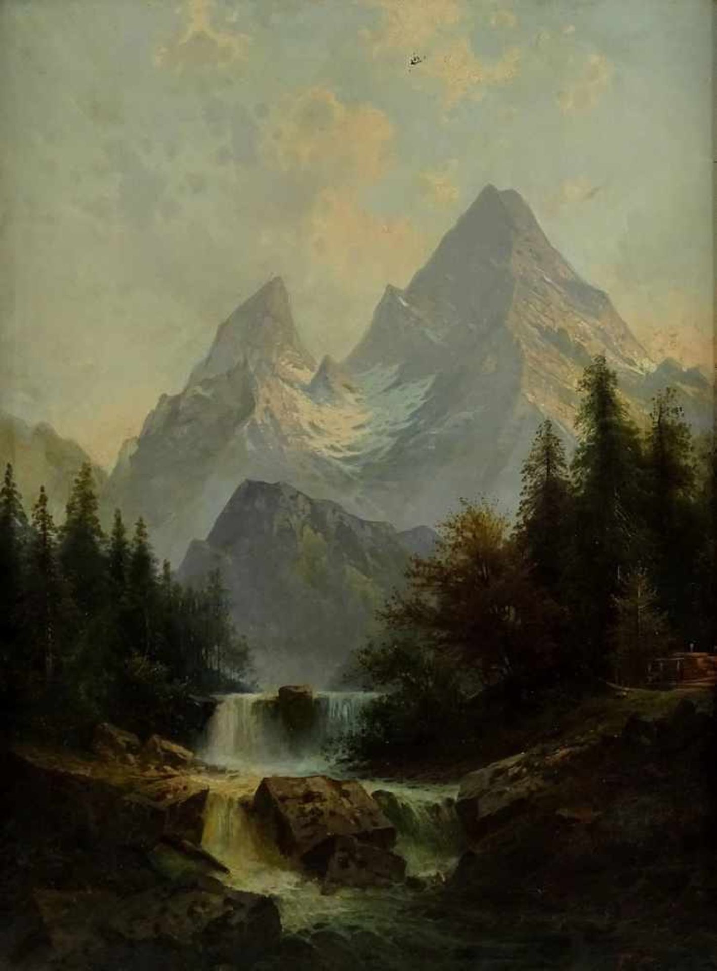Unbekannter Maler, "Gebirgsbach mit Alpenmassiv"Öl/Leinwand, unten rechts undeutlich signiert,