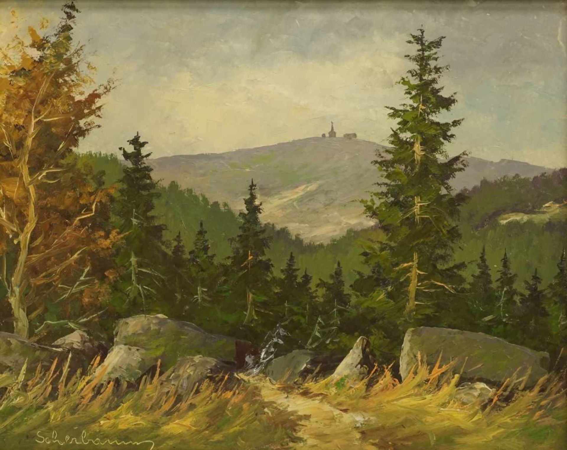 Rudolf Scherbaum, "Harzlandschaft mit Brocken"Harzmaler, Öl/Malpappe, unten links signiert,