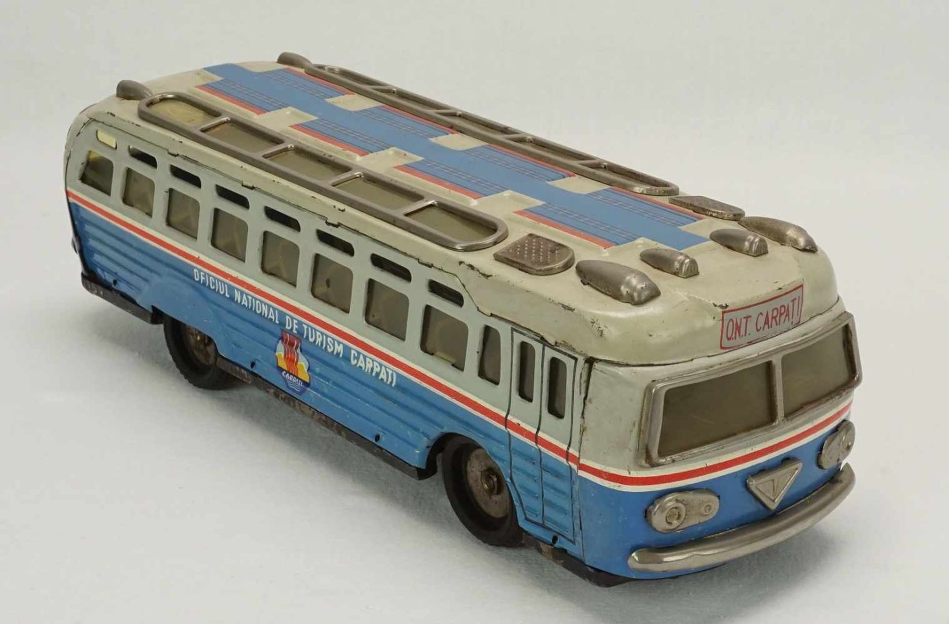 Metaloglobus Touristenbus mit Aufzugsantrieb, um 1970Blech lithografiert, Bus bezeichnet mit: "ONT