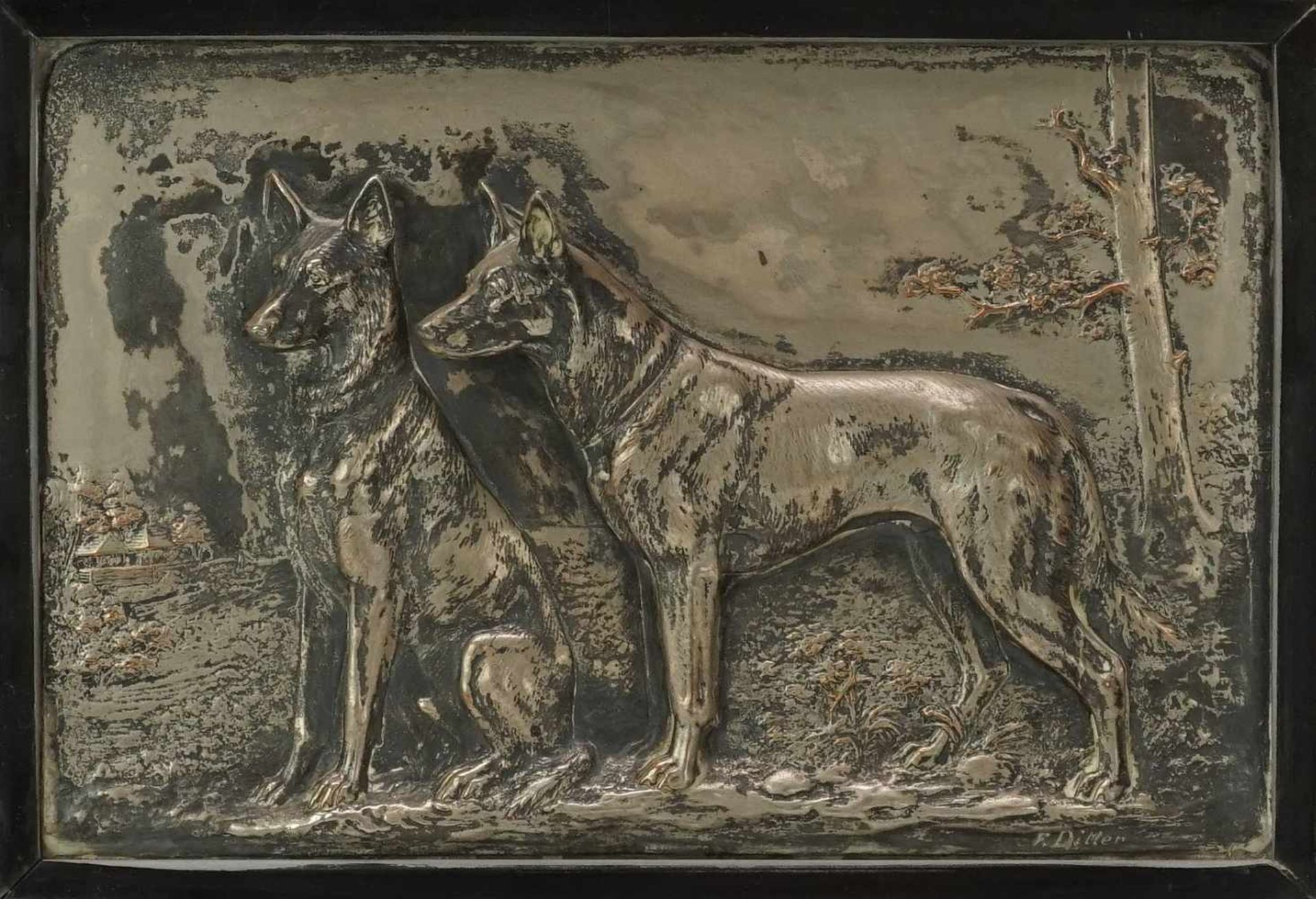 Fritz Diller, Reliefbild "Schäferhunde"(1875 - 1945), Kupfer versilbert, in Platte signiert, um