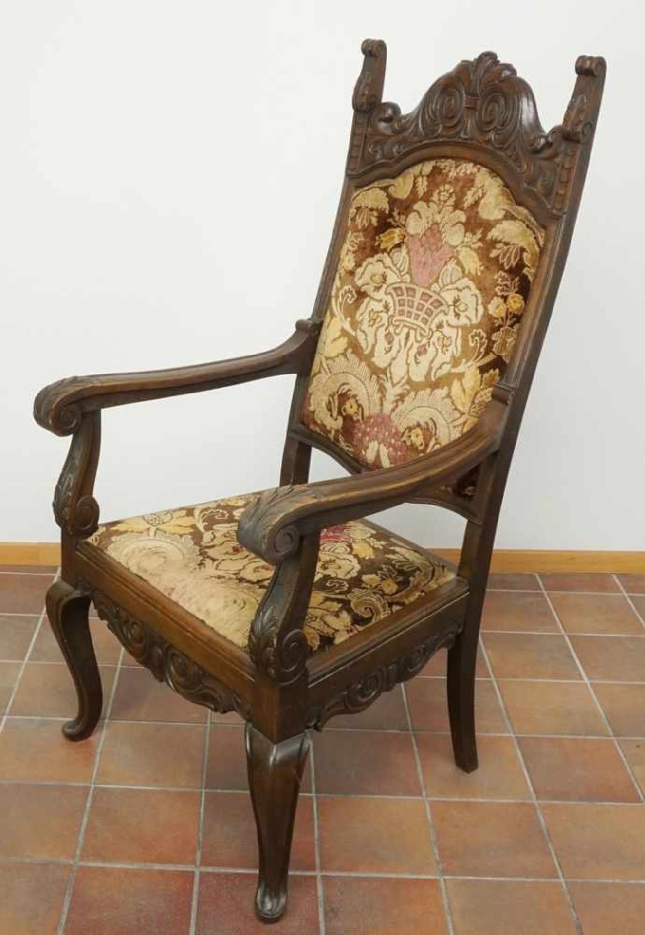 Gründerzeit Sessel, Eiche massivum 1870, geschnitzte Lehne, alter Bezug, altersgemäß guter - Image 2 of 3