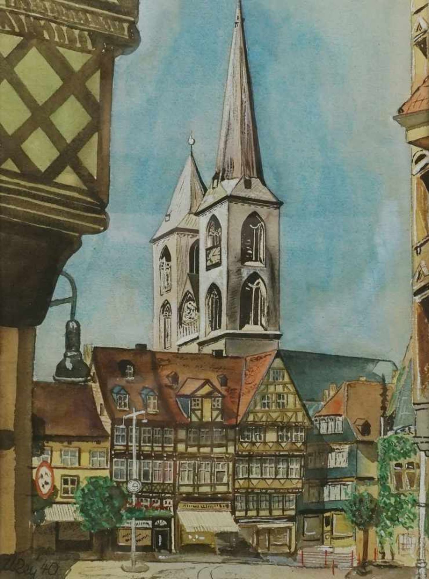 U. Rey, "Halberstadt Blick zum Holzmarkt"Aquarell/Papier, unten links signiert, datiert (19)40,