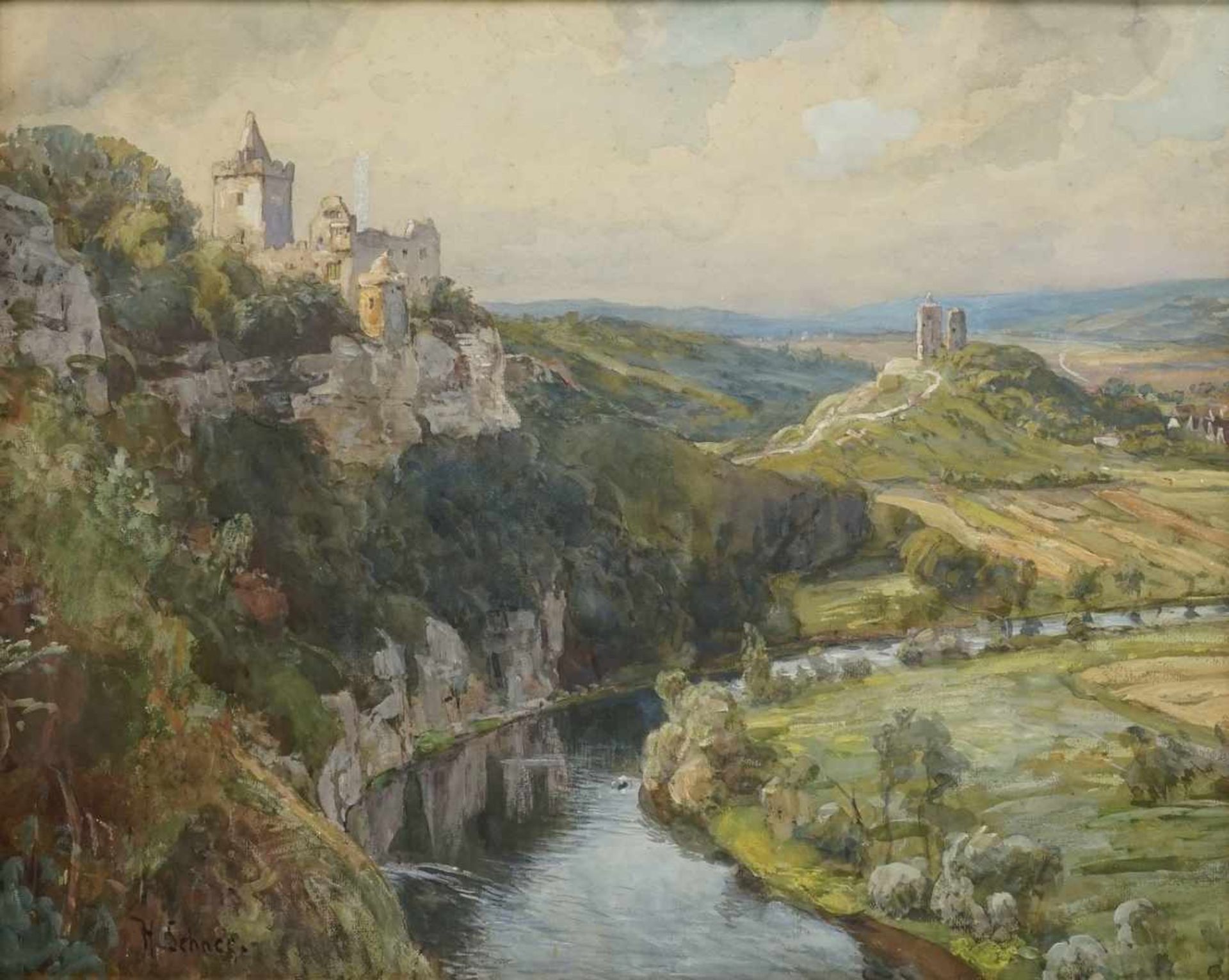 Hermann Schnee, "Die Rudelsburg in Thüringen"(1840 Treuenbrietzen - 1926 Berlin), Aquarell/Malpappe,