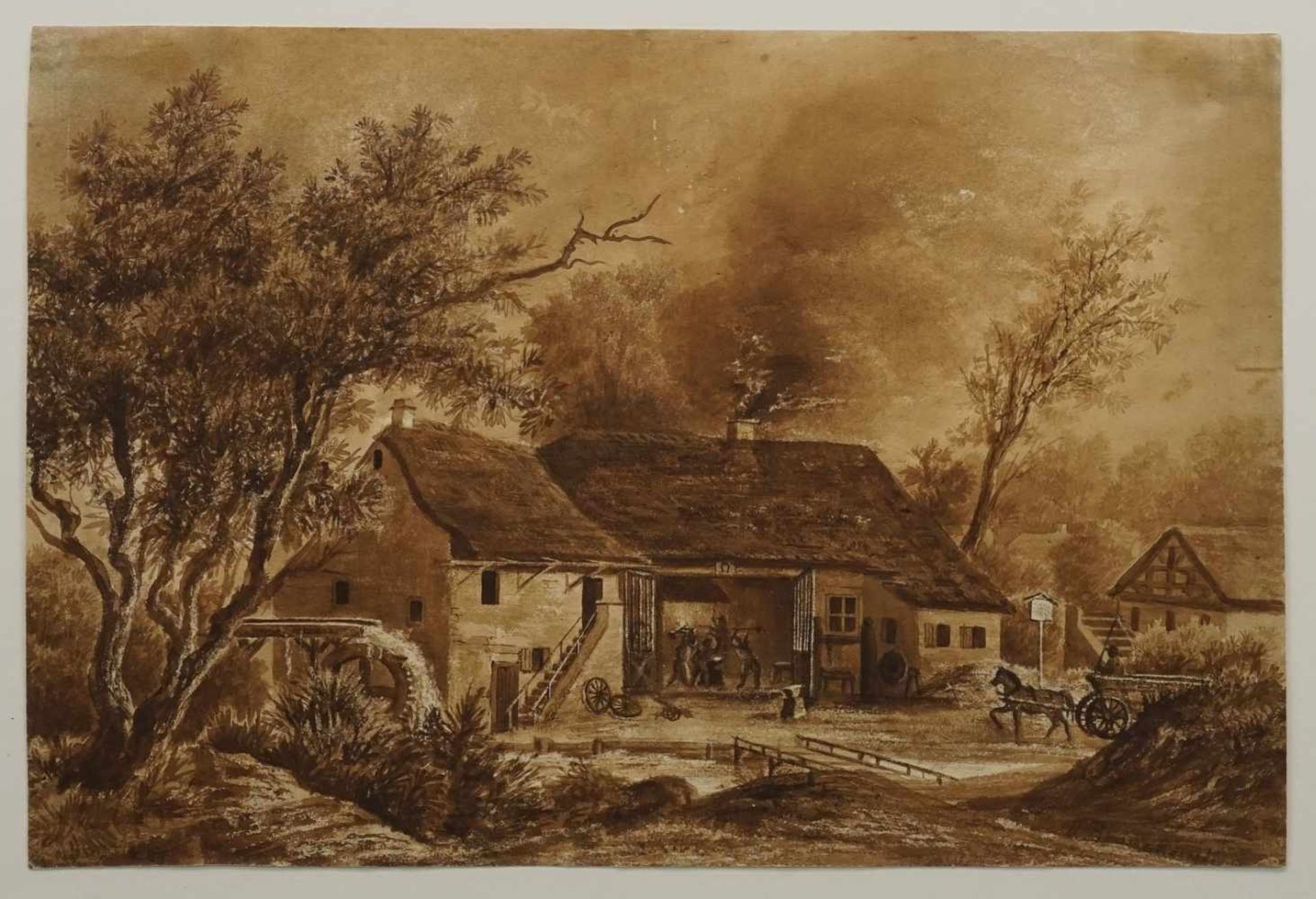 Hermann Benneckenstein, "Schmiede mit Wassermühle"(1830 - 1890), sepiafarbenes Aquarell/Papier, - Bild 3 aus 4